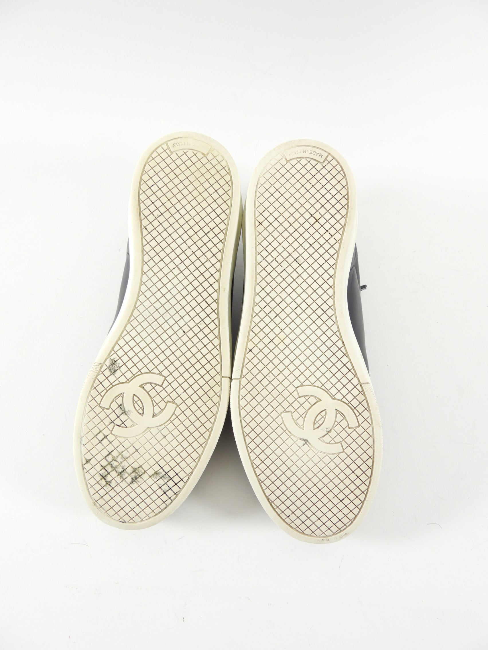Chanel Black Leather and White Logo Court Sneakers - 36