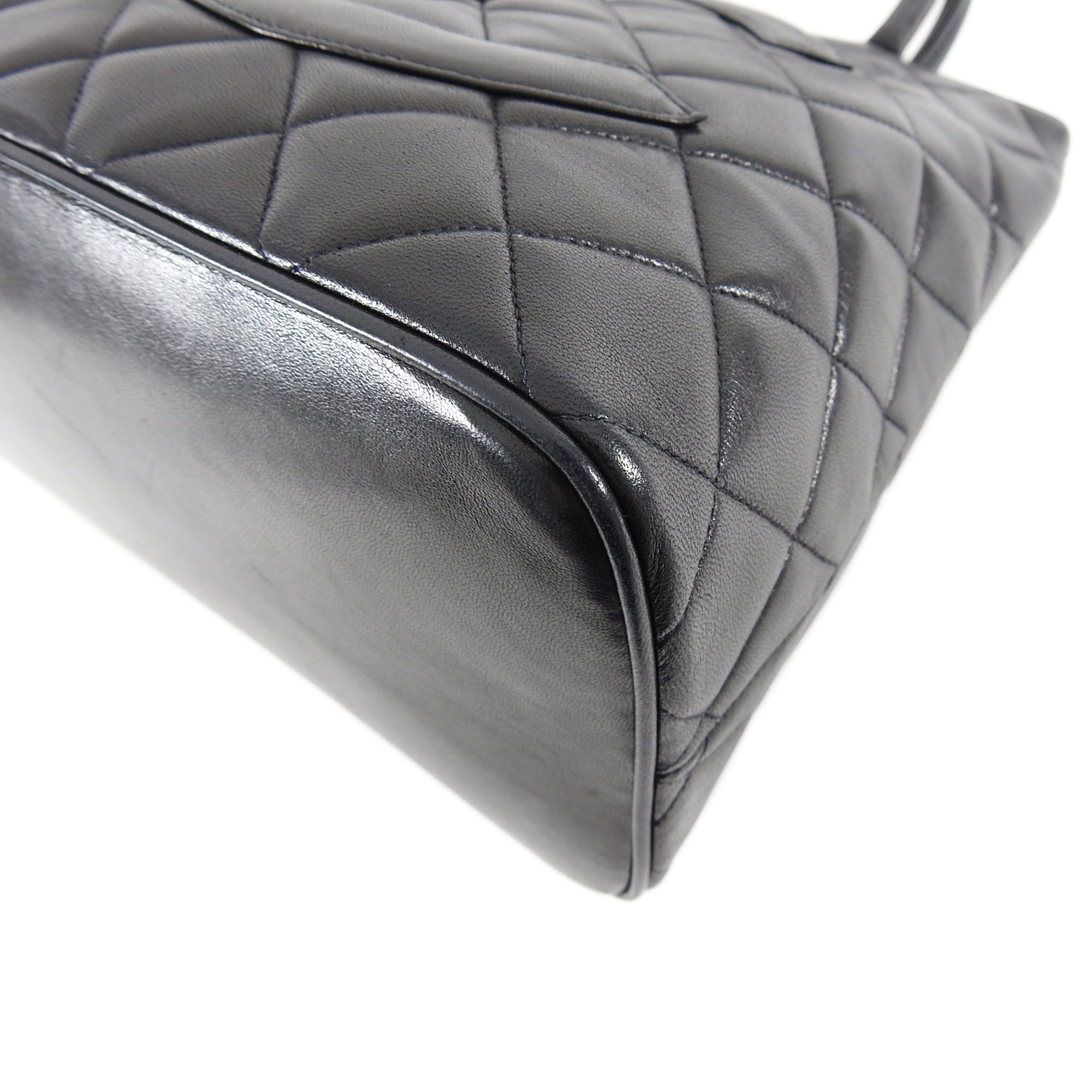 Chanel 1991 Vintage Black Lambskin CC Medallion Tote Bag