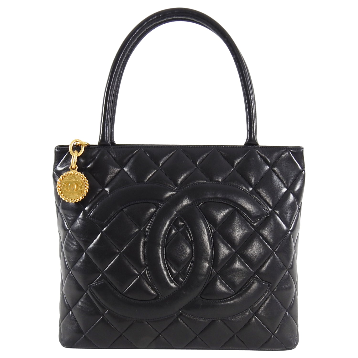 Chanel 1991 Vintage Black Lambskin CC Medallion Tote Bag