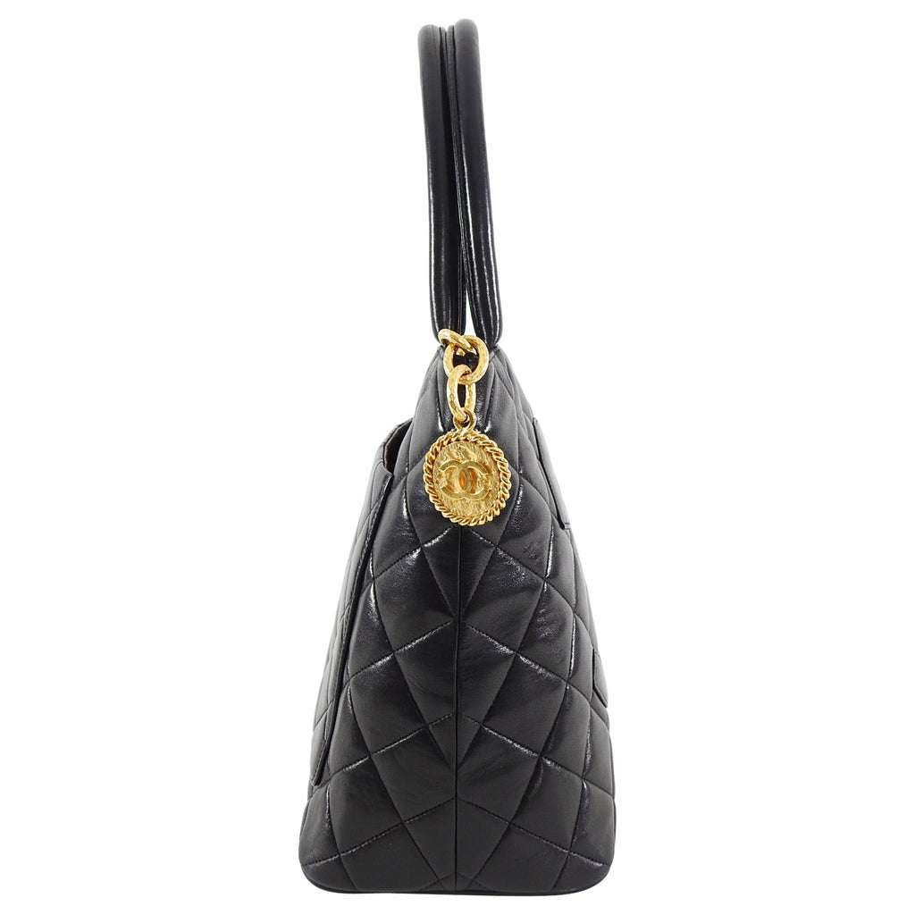 Chanel 1991 Vintage Black Lambskin CC Medallion Tote Bag