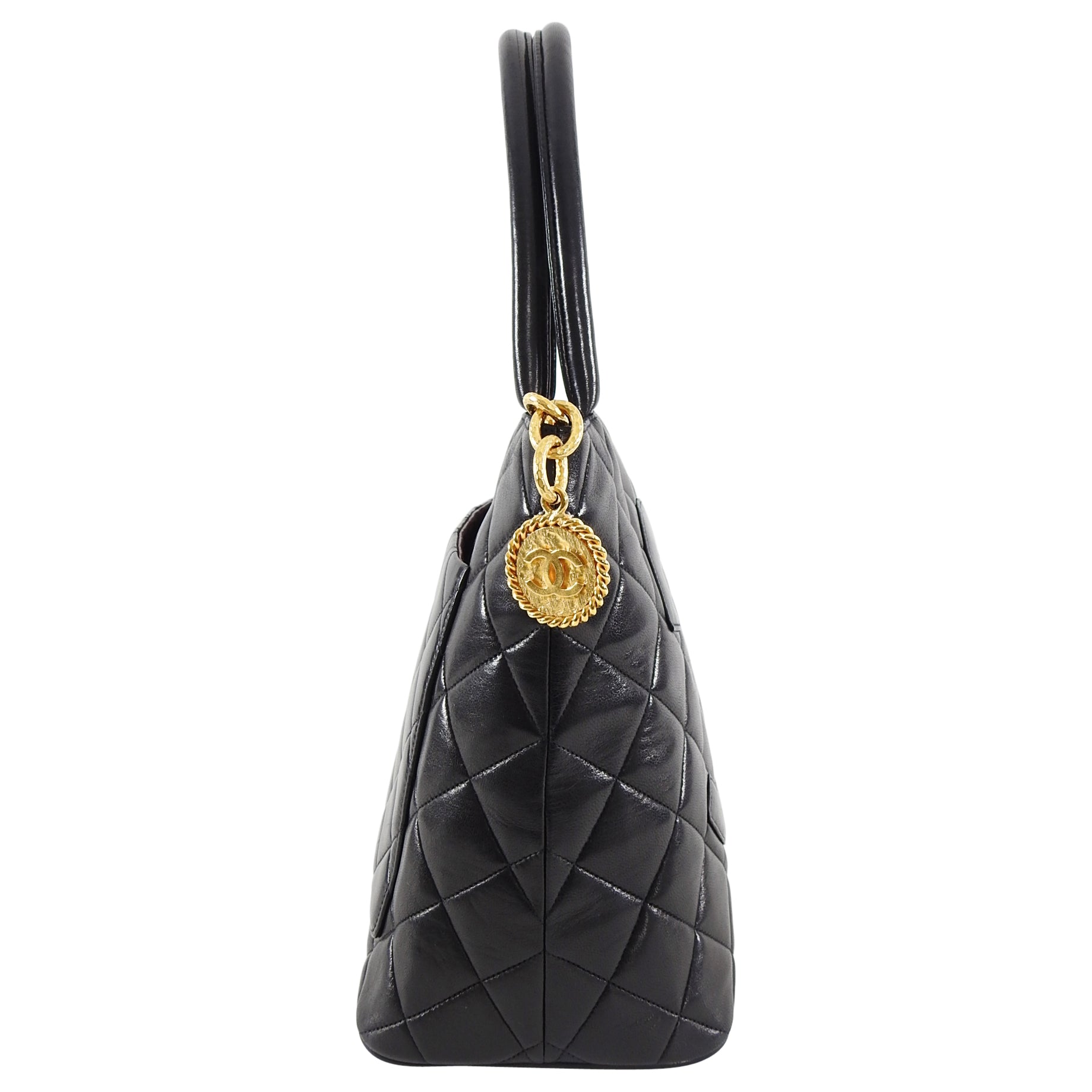 Chanel 1991 Vintage Black Lambskin CC Medallion Tote Bag
