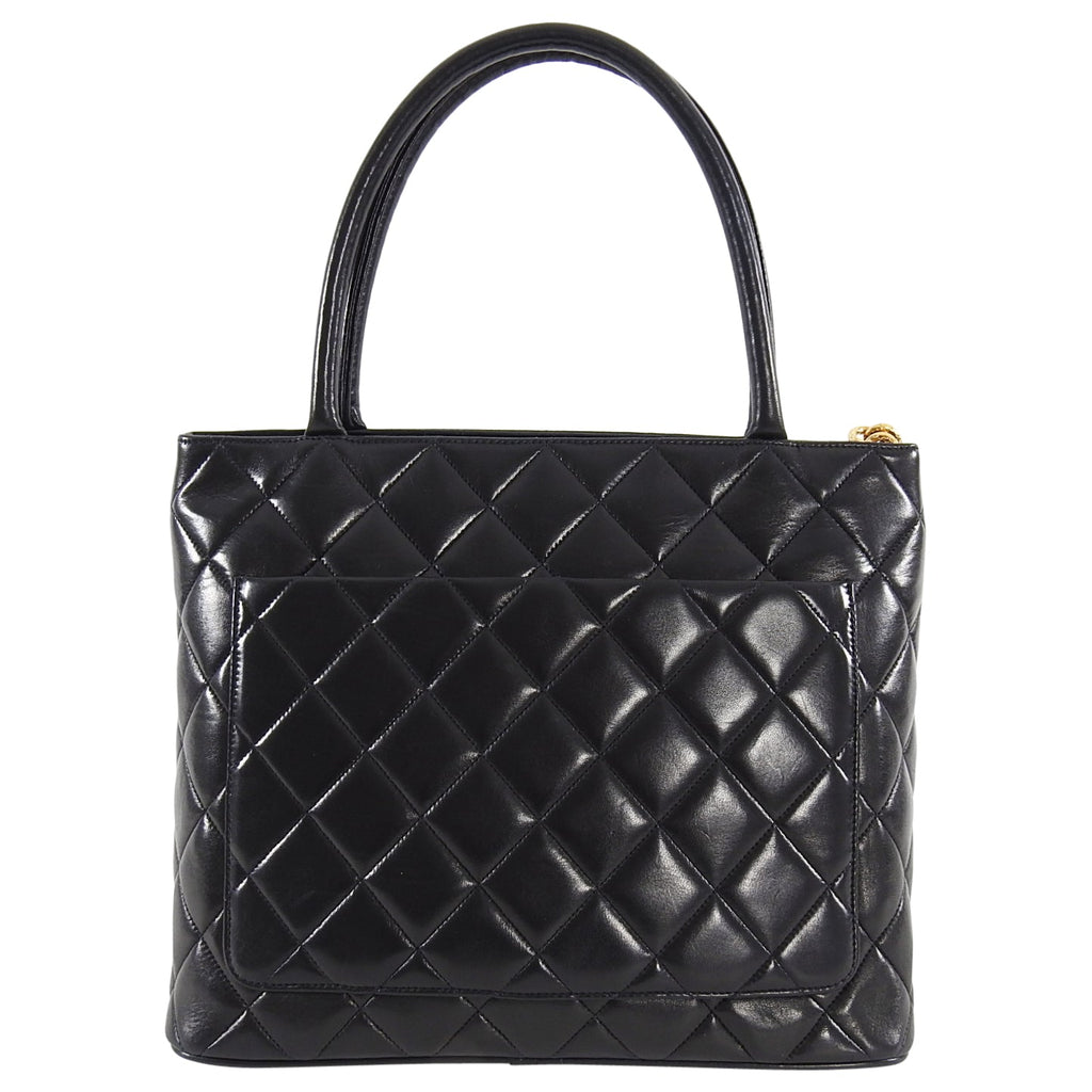 Chanel 1991 Vintage Black Lambskin CC Medallion Tote Bag