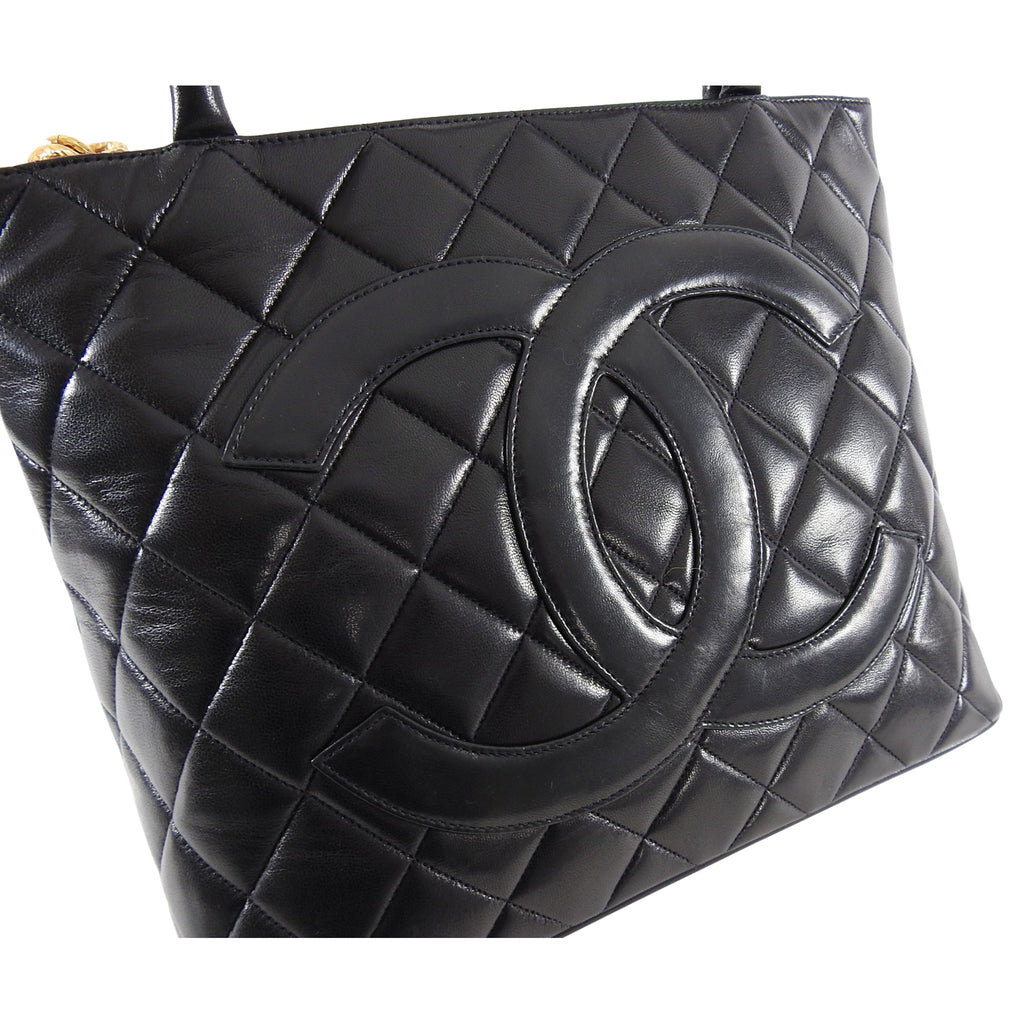 Chanel 1991 Vintage Black Lambskin CC Medallion Tote Bag