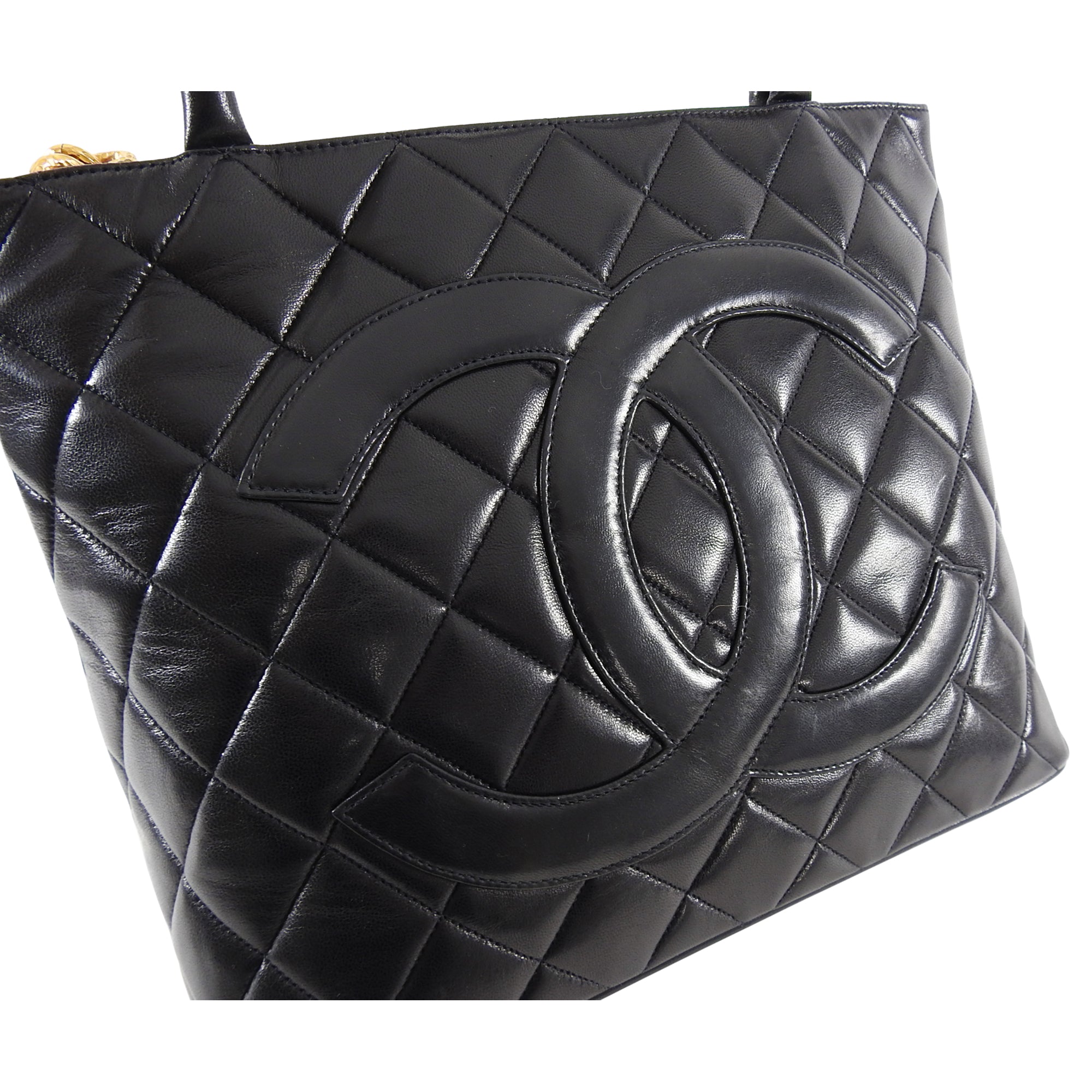 Chanel 1991 Vintage Black Lambskin CC Medallion Tote Bag