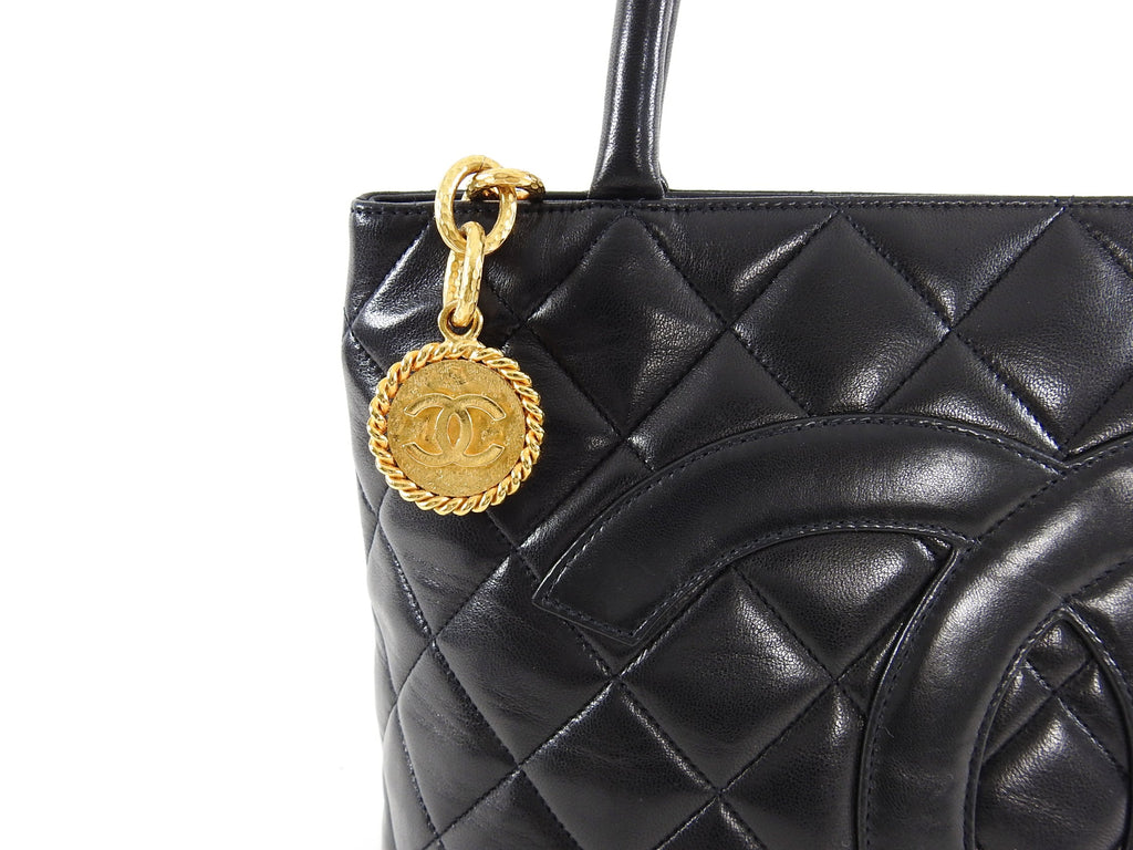 Chanel 1991 Vintage Black Lambskin CC Medallion Tote Bag