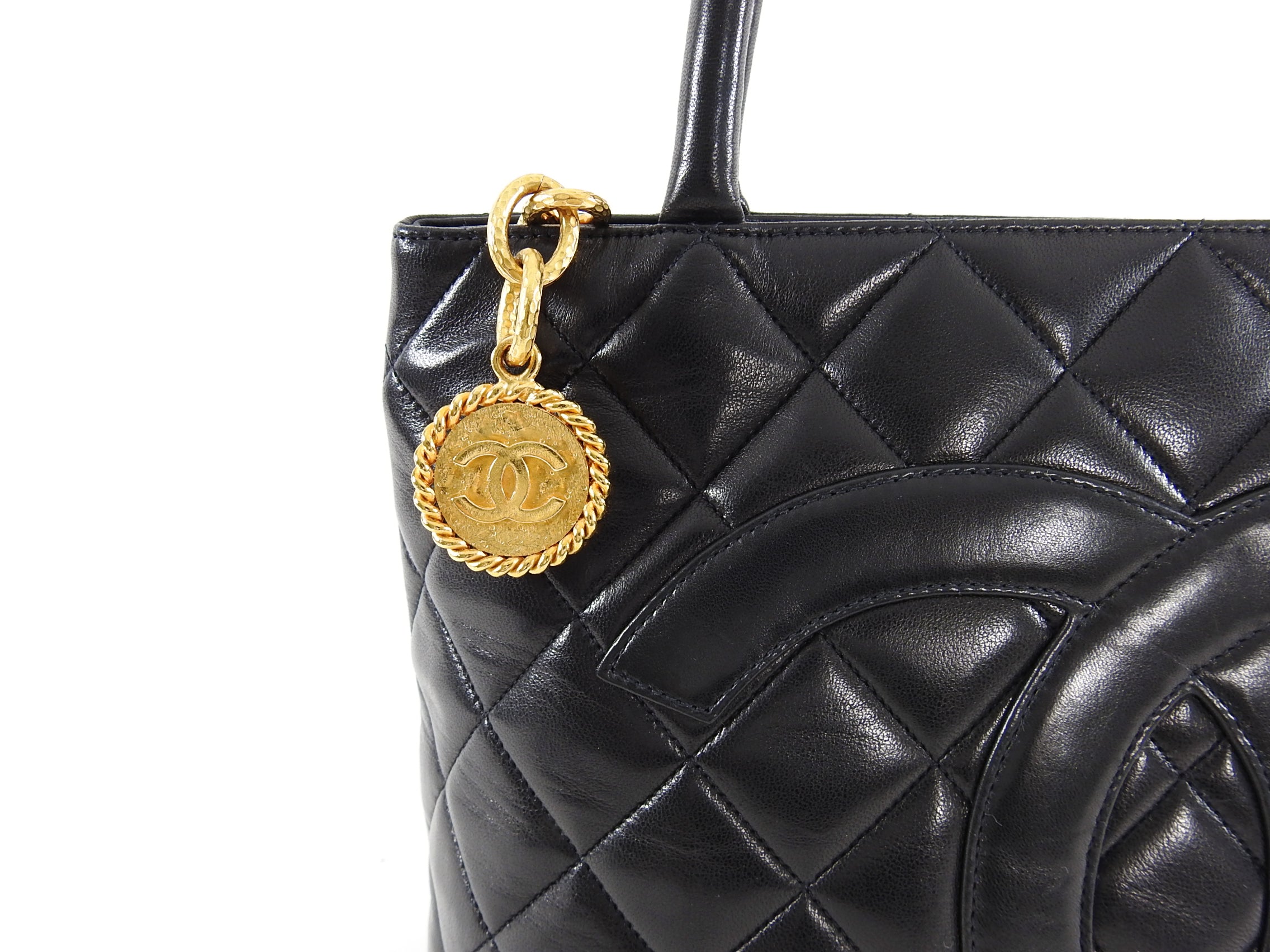 Chanel 1991 Vintage Black Lambskin CC Medallion Tote Bag
