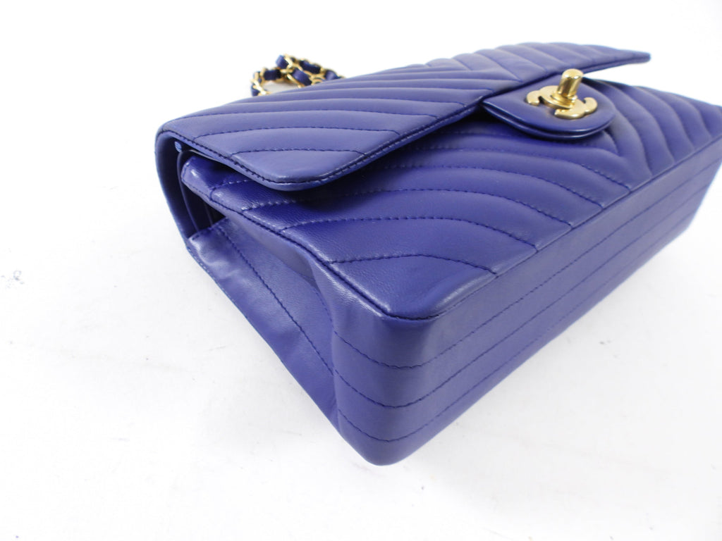 Chanel Blue Chevron Quilted Medium Double Classic Flap Bag GHW