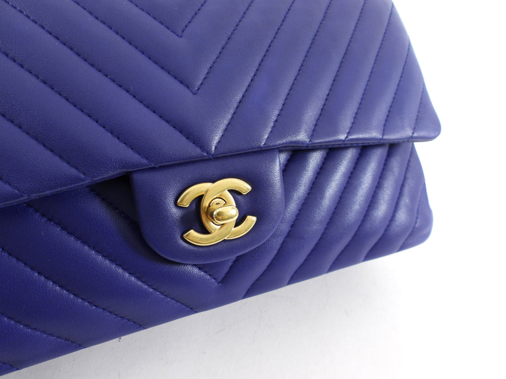 Chanel Blue Chevron Quilted Medium Double Classic Flap Bag GHW