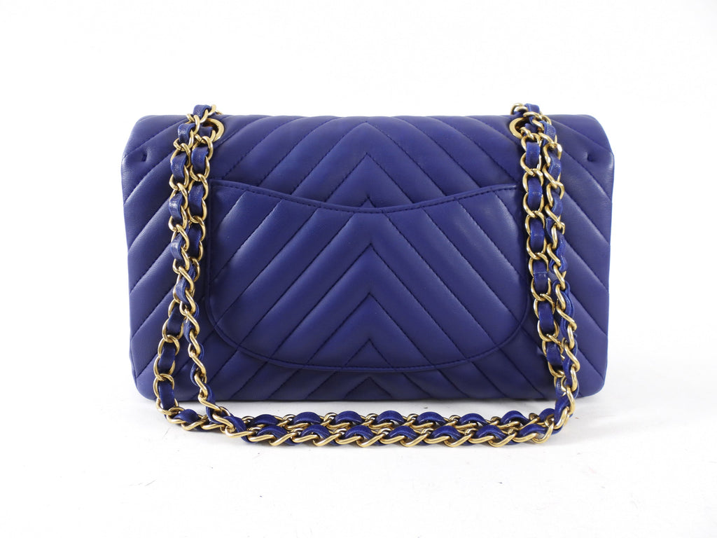Chanel Blue Chevron Quilted Medium Double Classic Flap Bag GHW