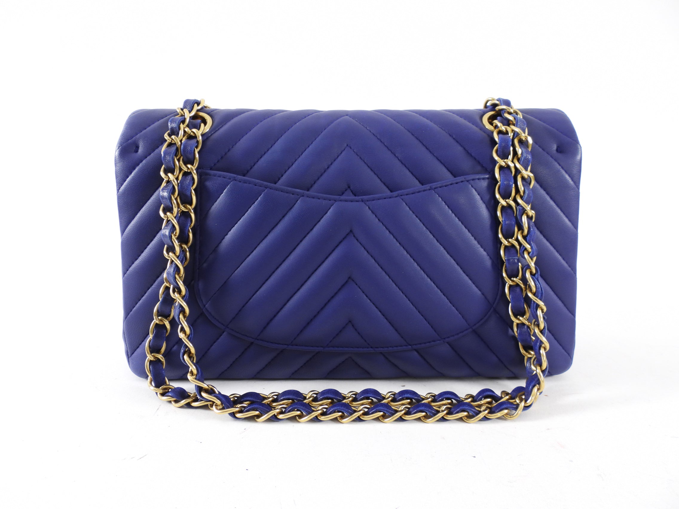 Chanel Blue Chevron Quilted Medium Double Classic Flap Bag GHW
