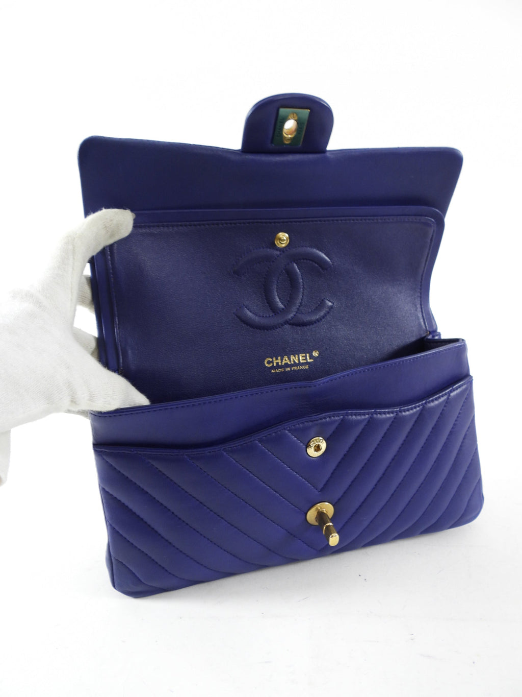 Chanel Blue Chevron Quilted Medium Double Classic Flap Bag GHW