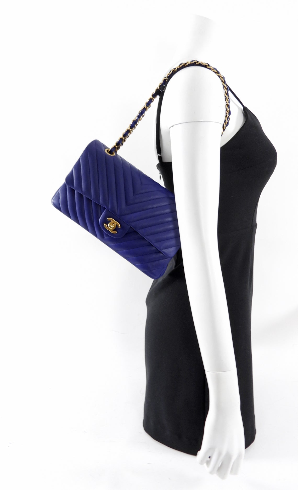 Chanel Blue Chevron Quilted Medium Double Classic Flap Bag GHW