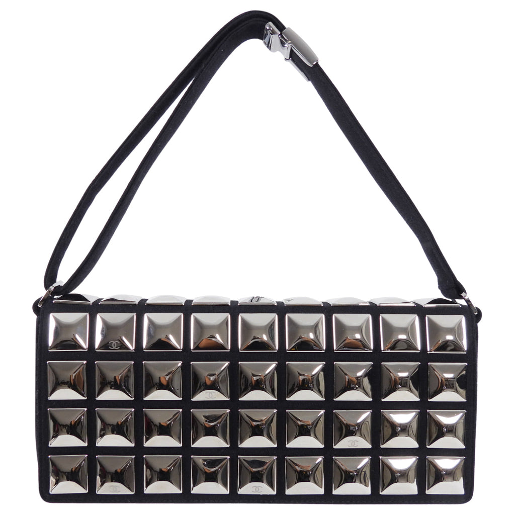 Chanel Choco Bar Silver Metal Stud and Black Wool Shoulder Bag