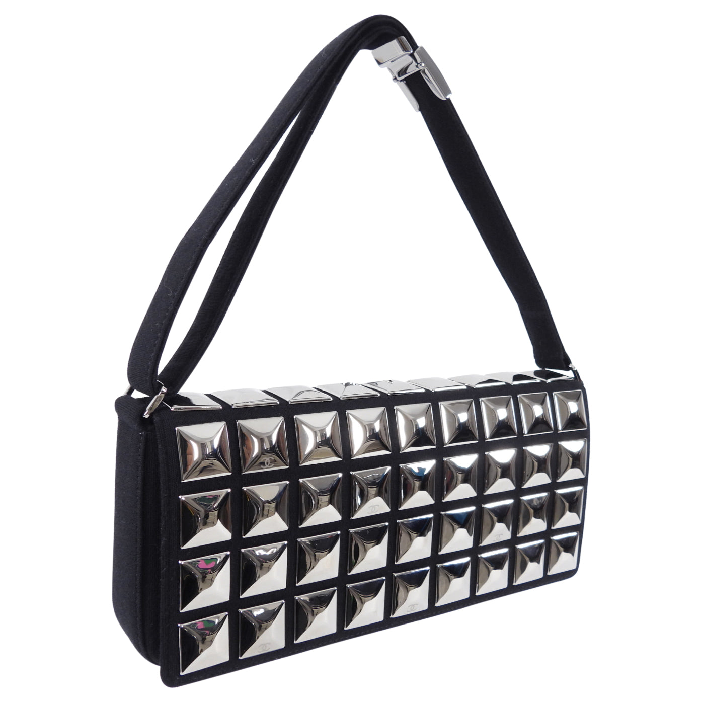 Chanel Choco Bar Silver Metal Stud and Black Wool Shoulder Bag