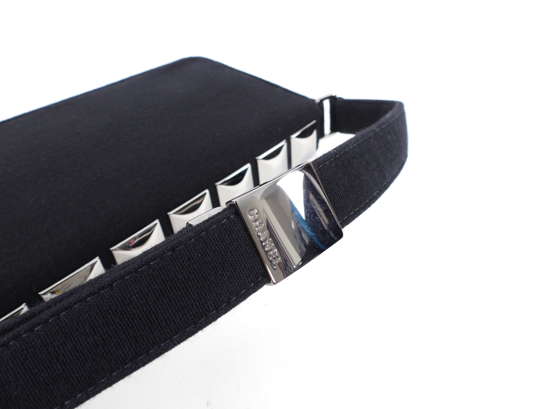 Chanel Choco Bar Silver Metal Stud and Black Wool Shoulder Bag