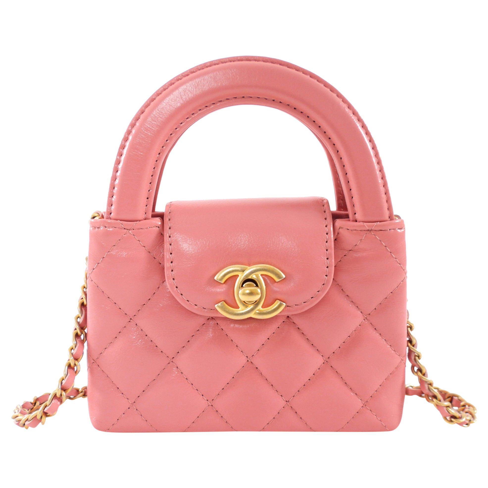 Chanel flamingo Pink Nano Kelly Shopping Bag Crossbody Chain