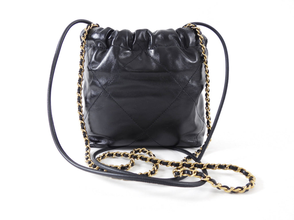 Chanel Black Leather Chain 22 Mini Bag with Goldtone Spellout Logo