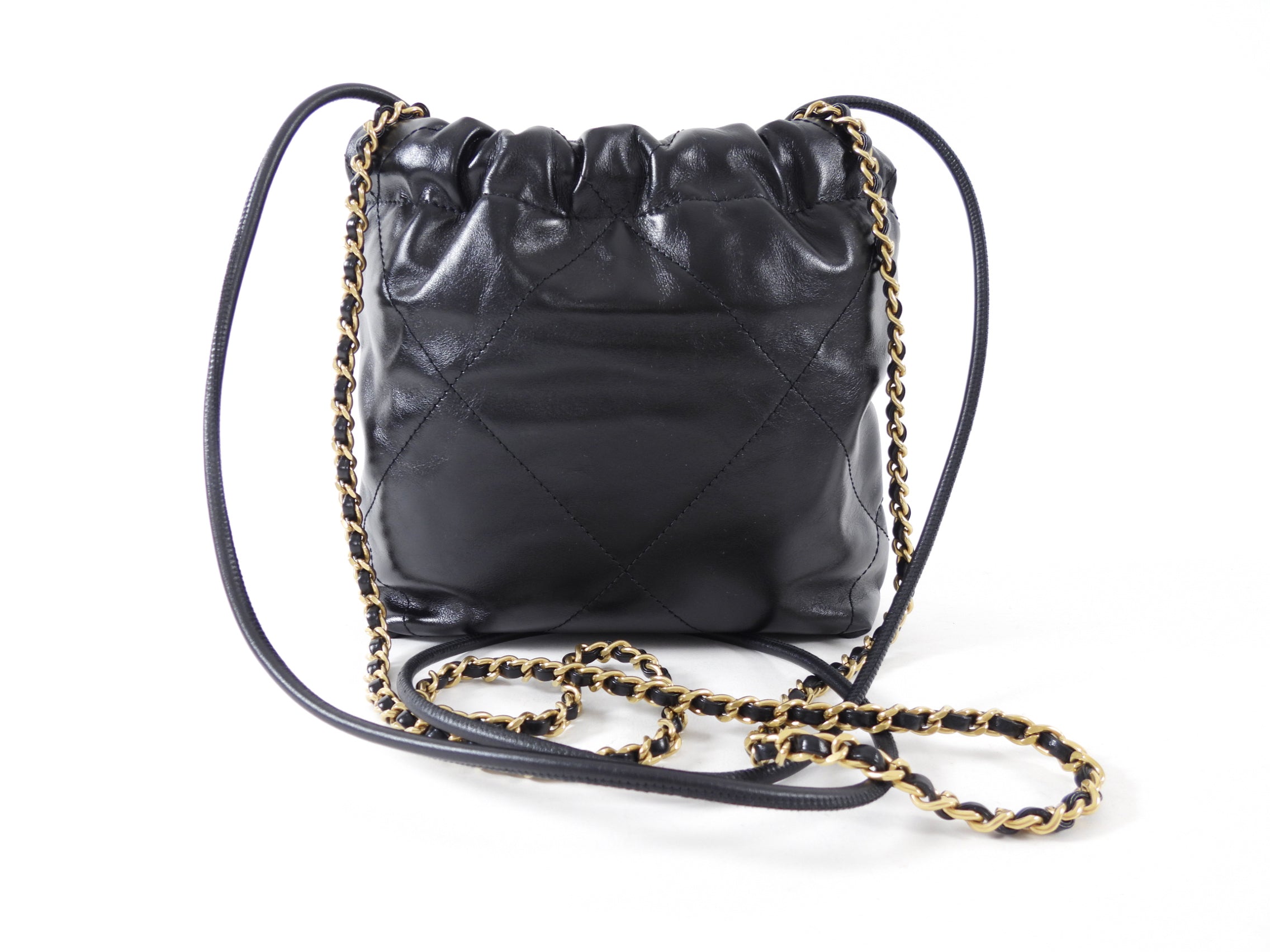 Chanel Black Leather Chain 22 Mini Bag with Goldtone Spellout Logo