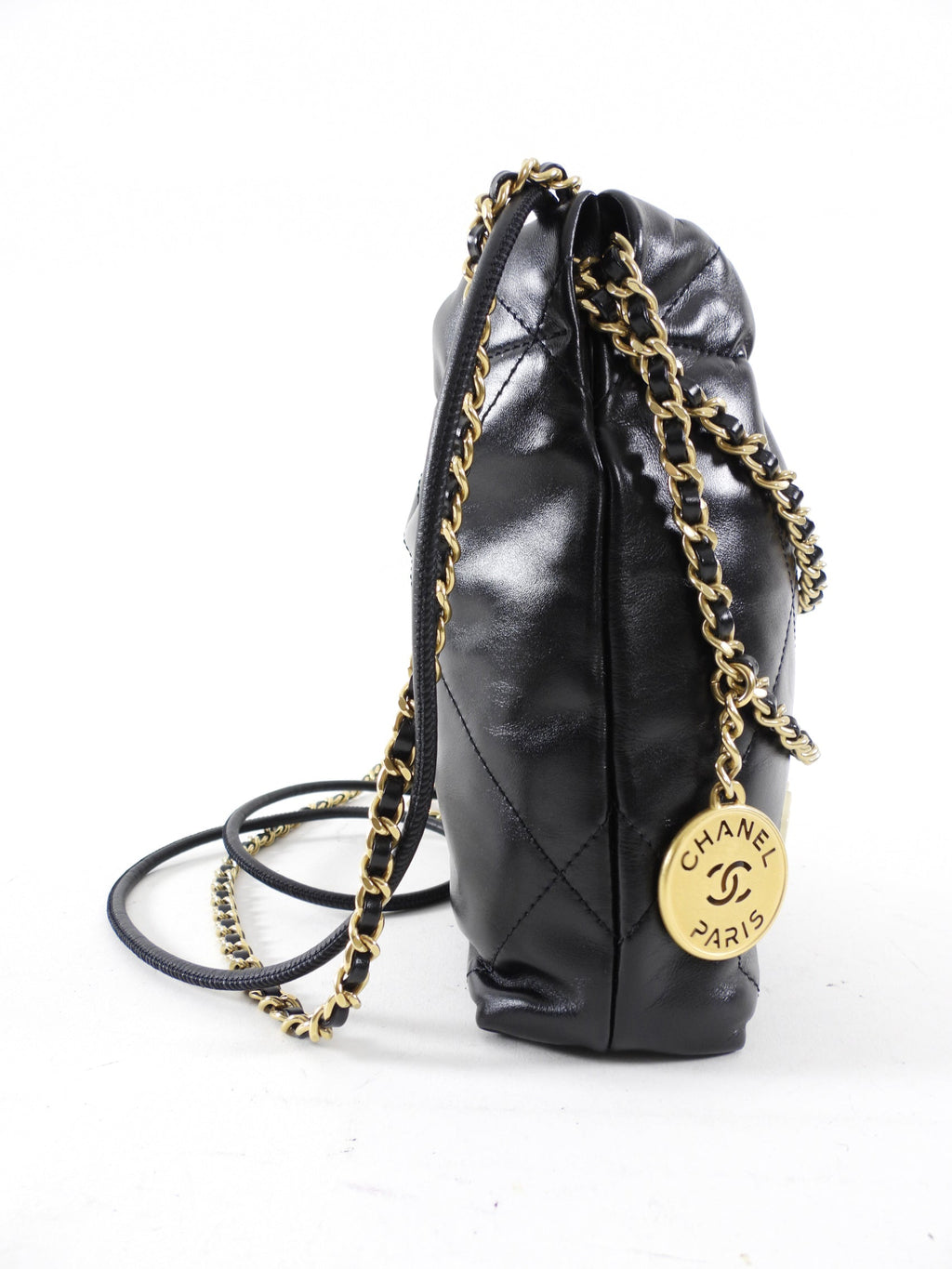 Chanel 2023 Black Leather Chain 22 Mini Bag with Ivory Enamel Logo