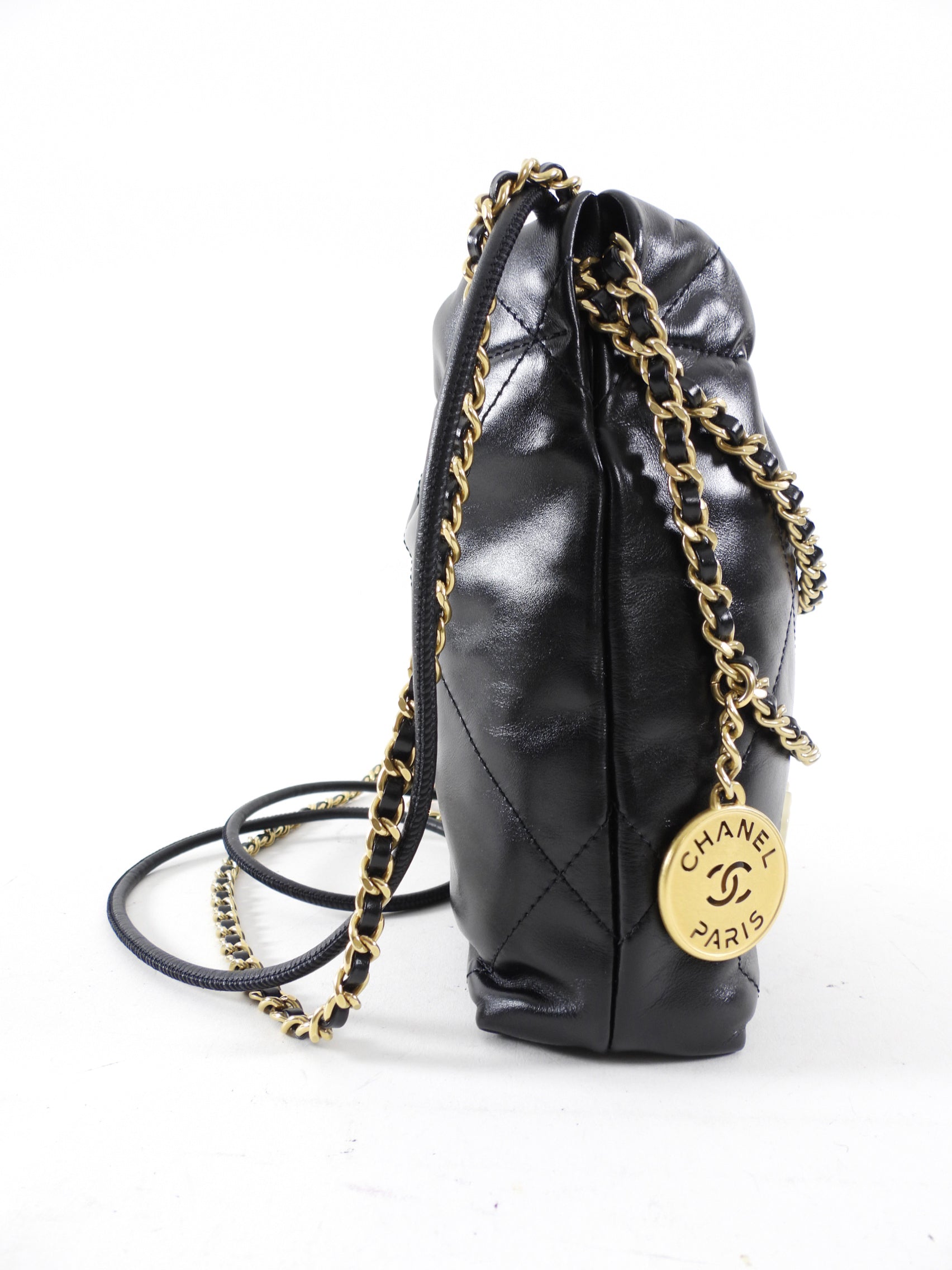Chanel 2023 Black Leather Chain 22 Mini Bag with Ivory Enamel Logo