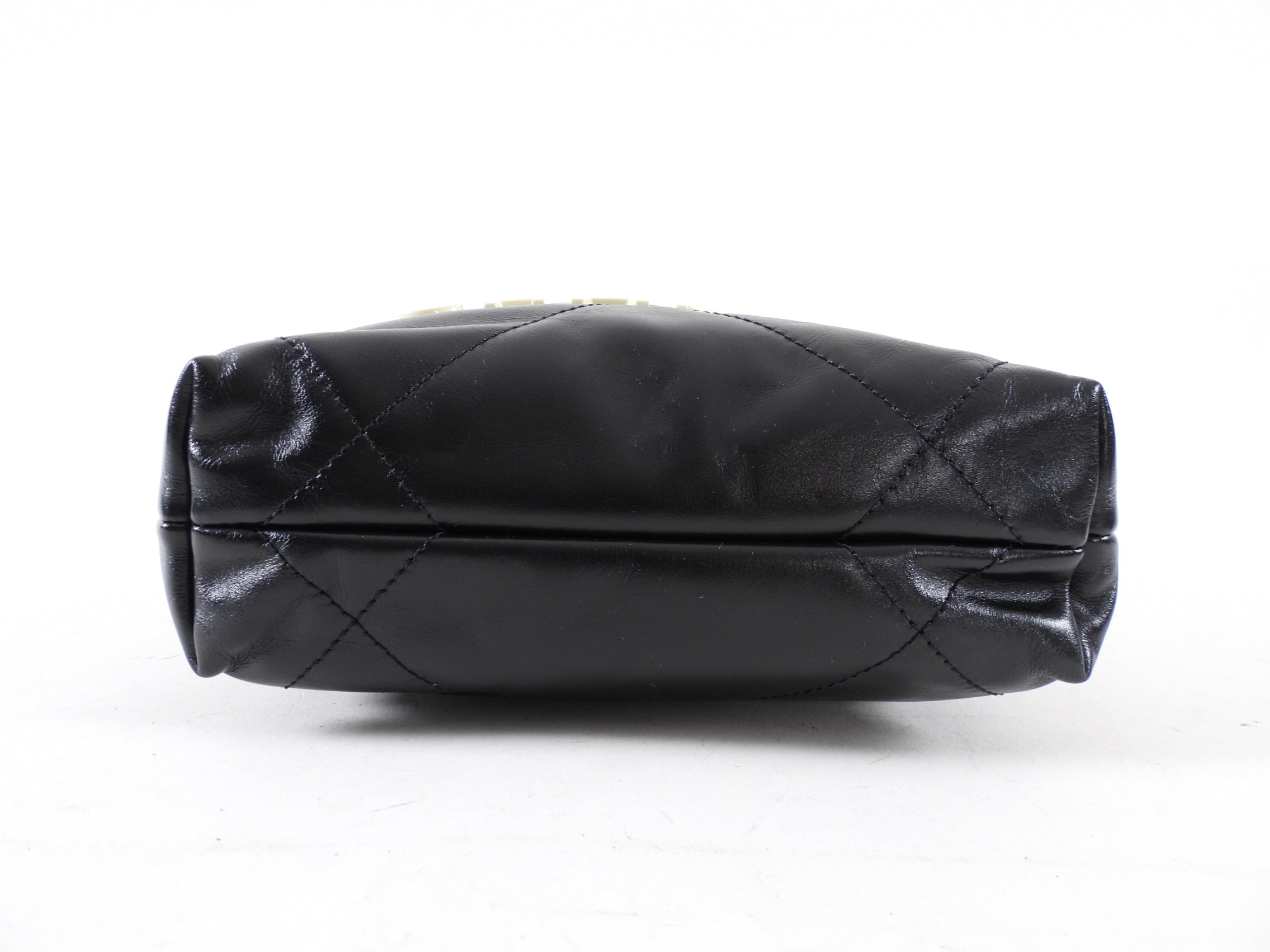 Chanel 2023 Black Leather Chain 22 Mini Bag with Ivory Enamel Logo
