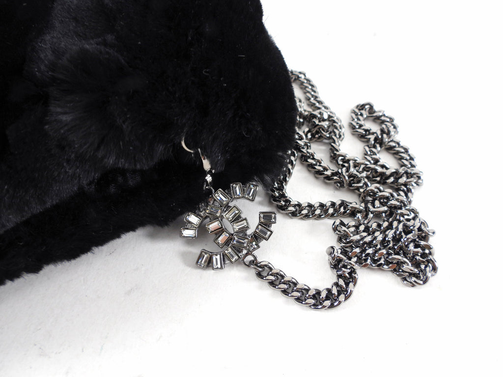 Chanel Black Fur Muff With Crystal CC Chain