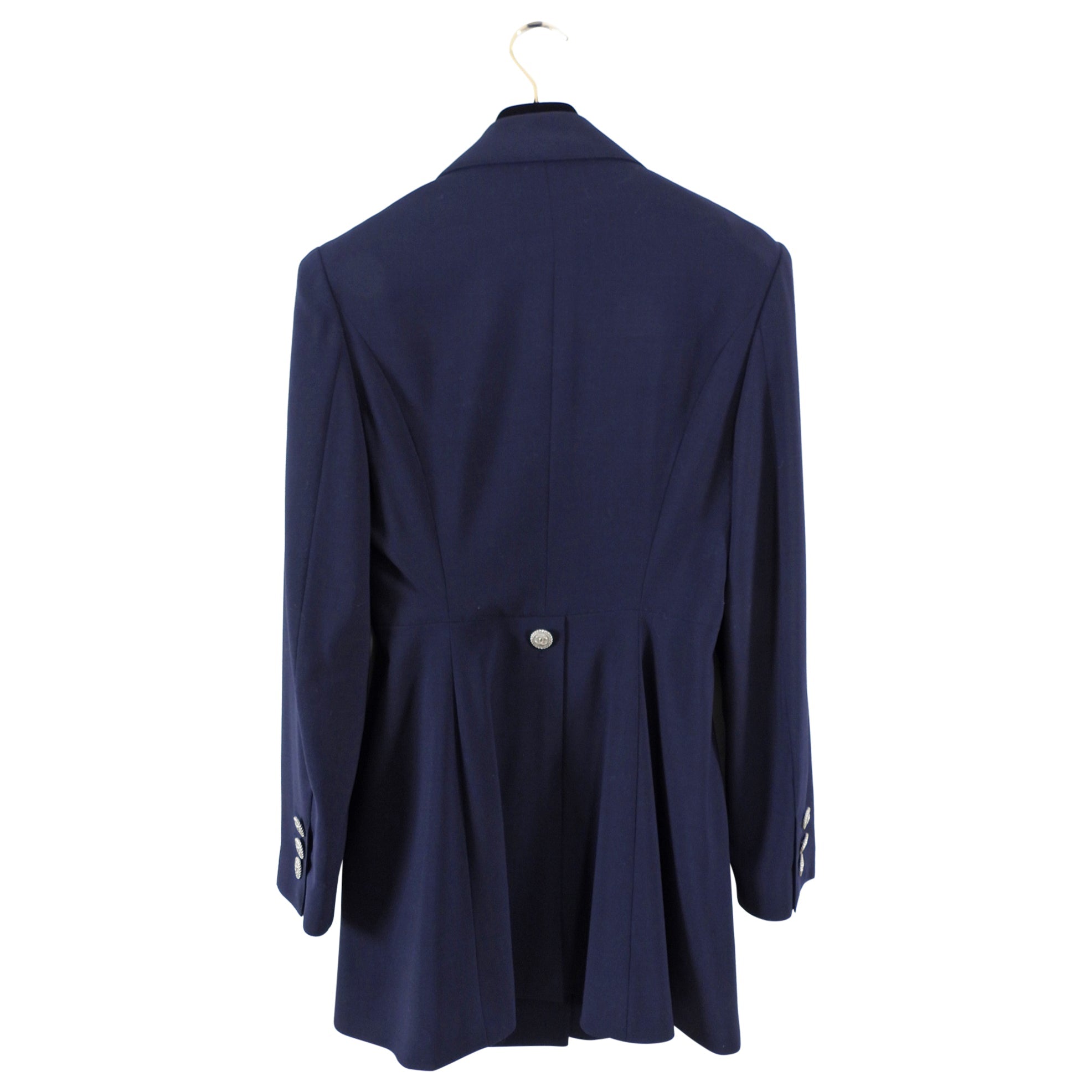 Chanel 98P Navy Wool Fitted Long Skirt Suit with Silver CC Buttons - 6