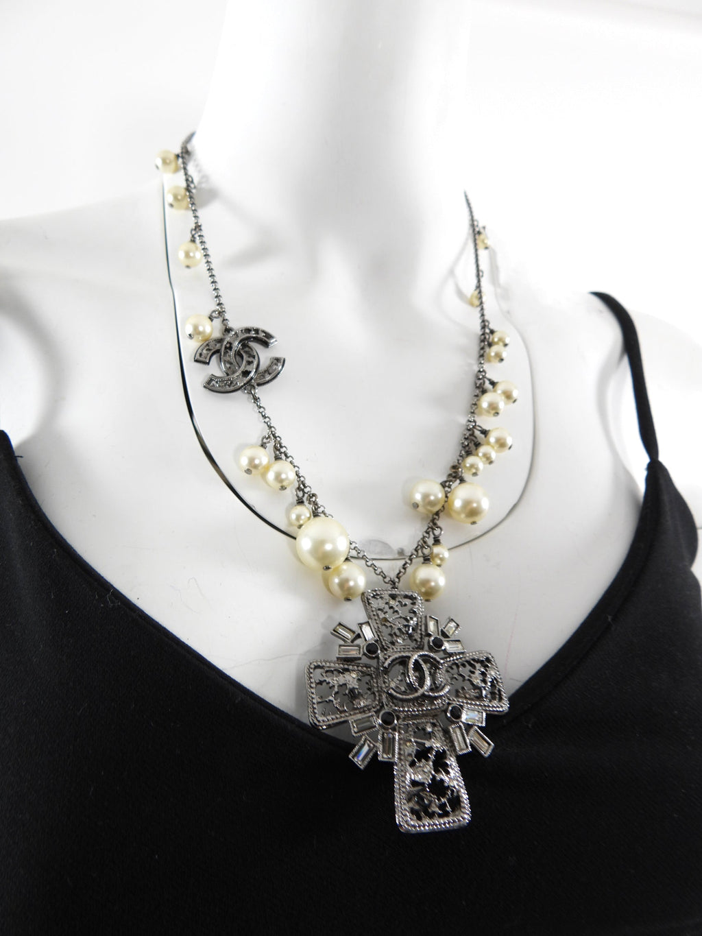 Chanel 10C Pearl and Crystal Grey CC Cross Necklace