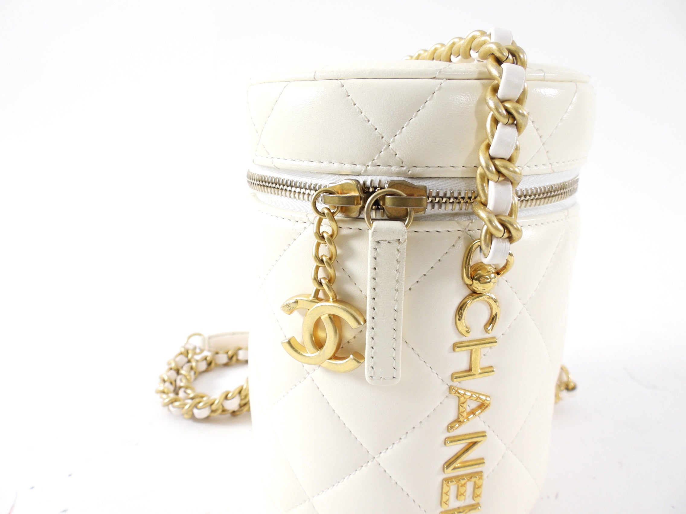 Chanel White Quilted Leather Side Note Vanity Bag