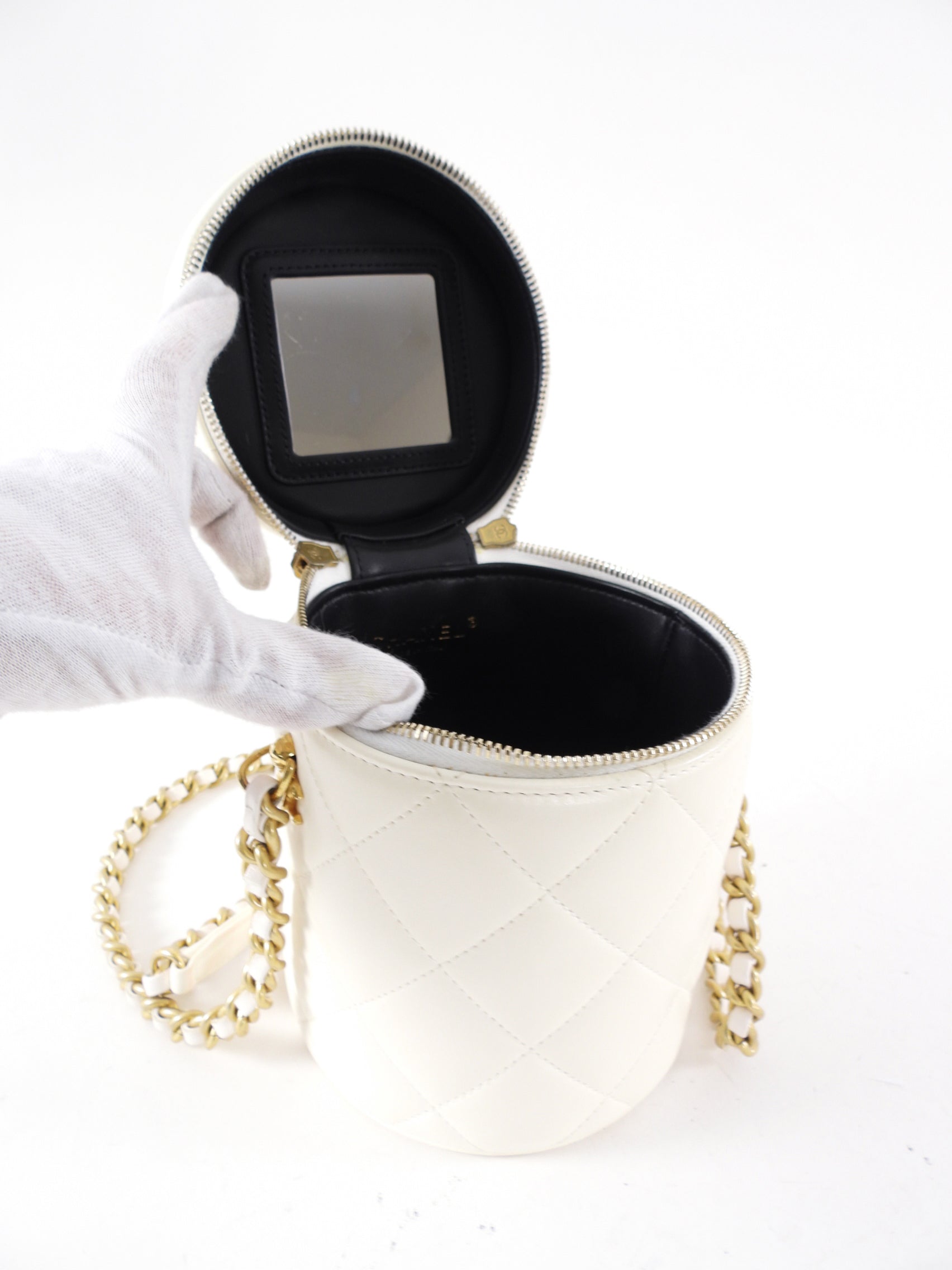 Chanel White Quilted Leather Side Note Vanity Bag