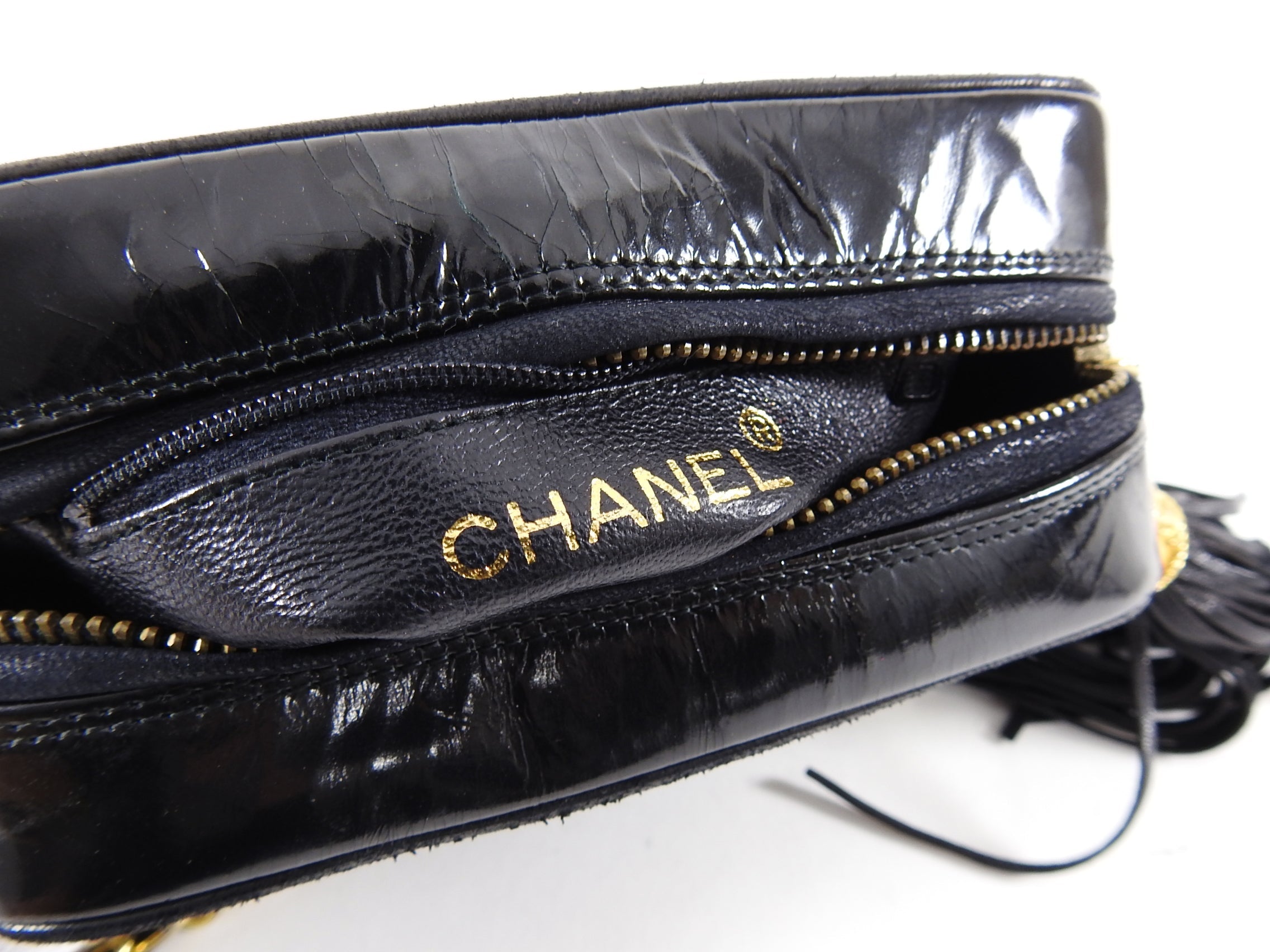 Chanel Vintage 1986 Mini Black Patent CC Logo Camera Bag