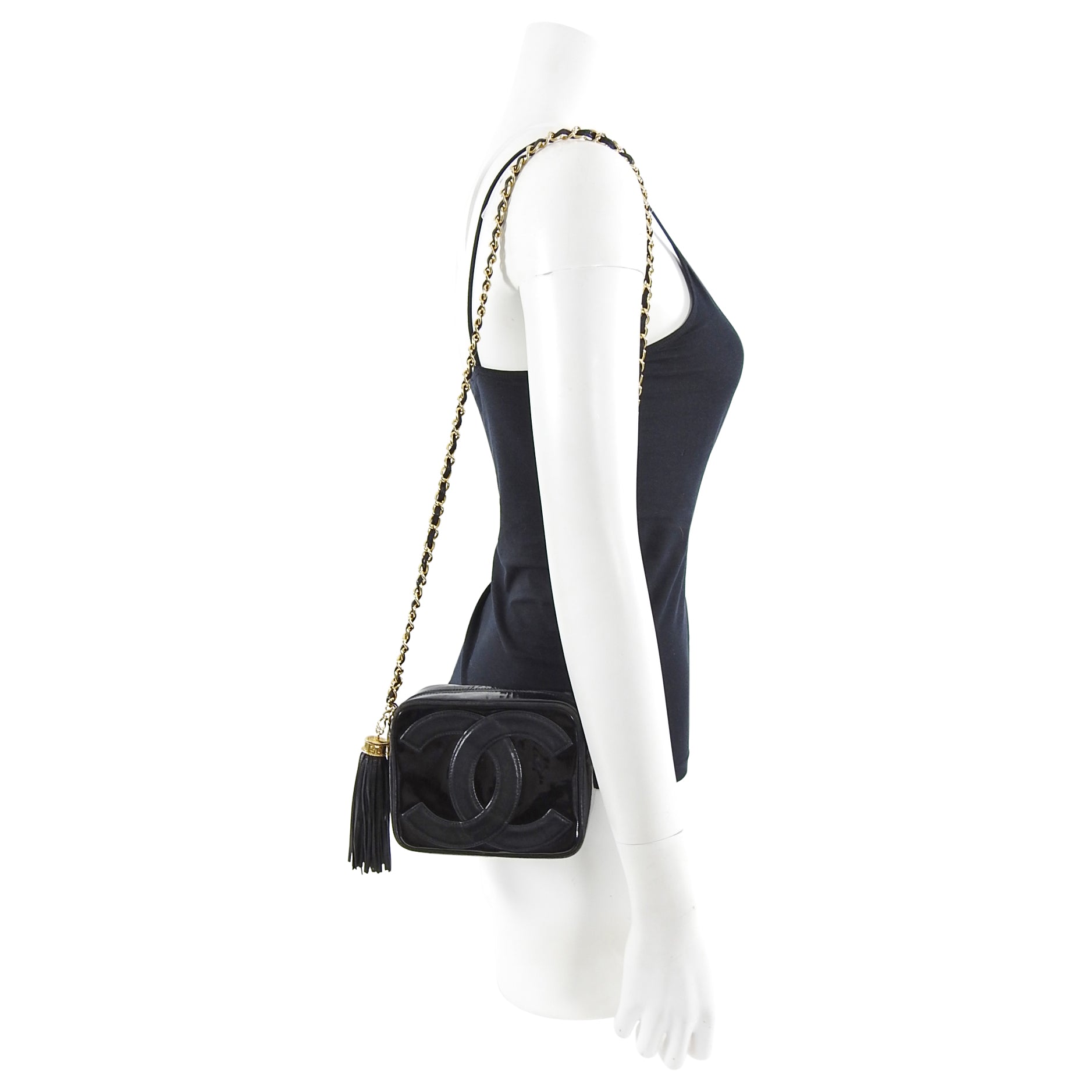 Chanel Vintage 1986 Mini Black Patent CC Logo Camera Bag