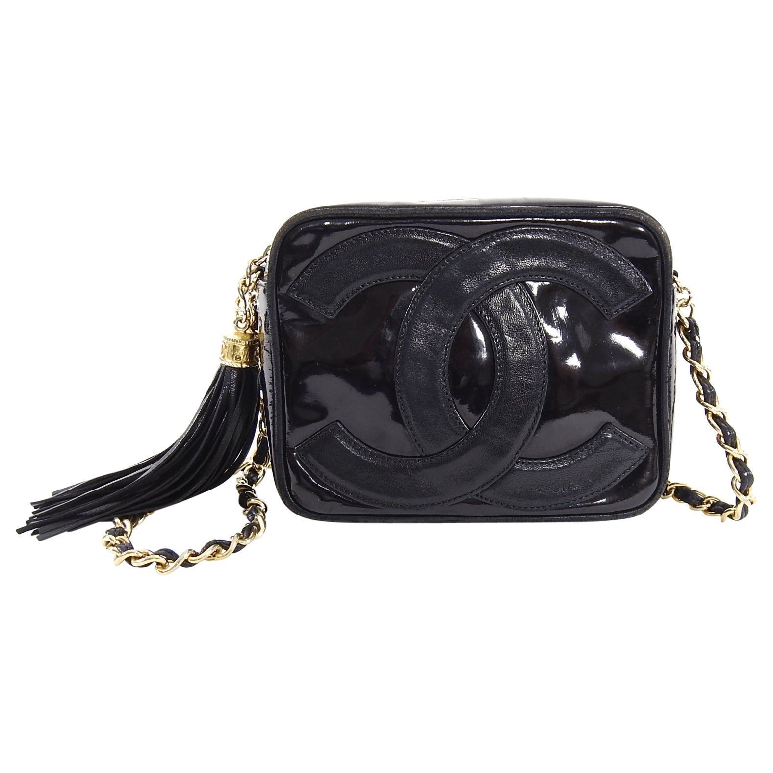 Chanel Vintage 1986 Mini Black Patent CC Logo Camera Bag