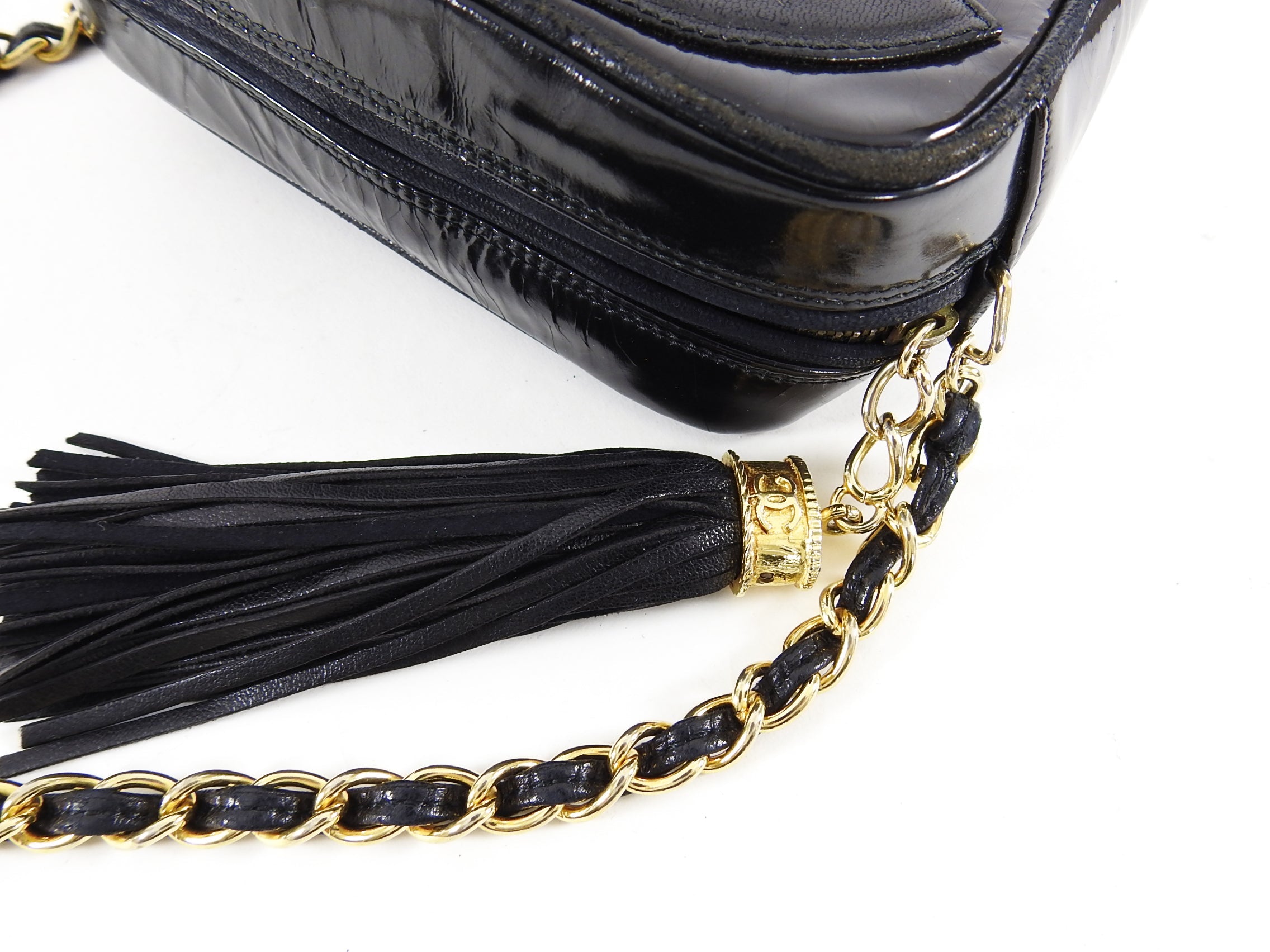 Chanel Vintage 1986 Mini Black Patent CC Logo Camera Bag