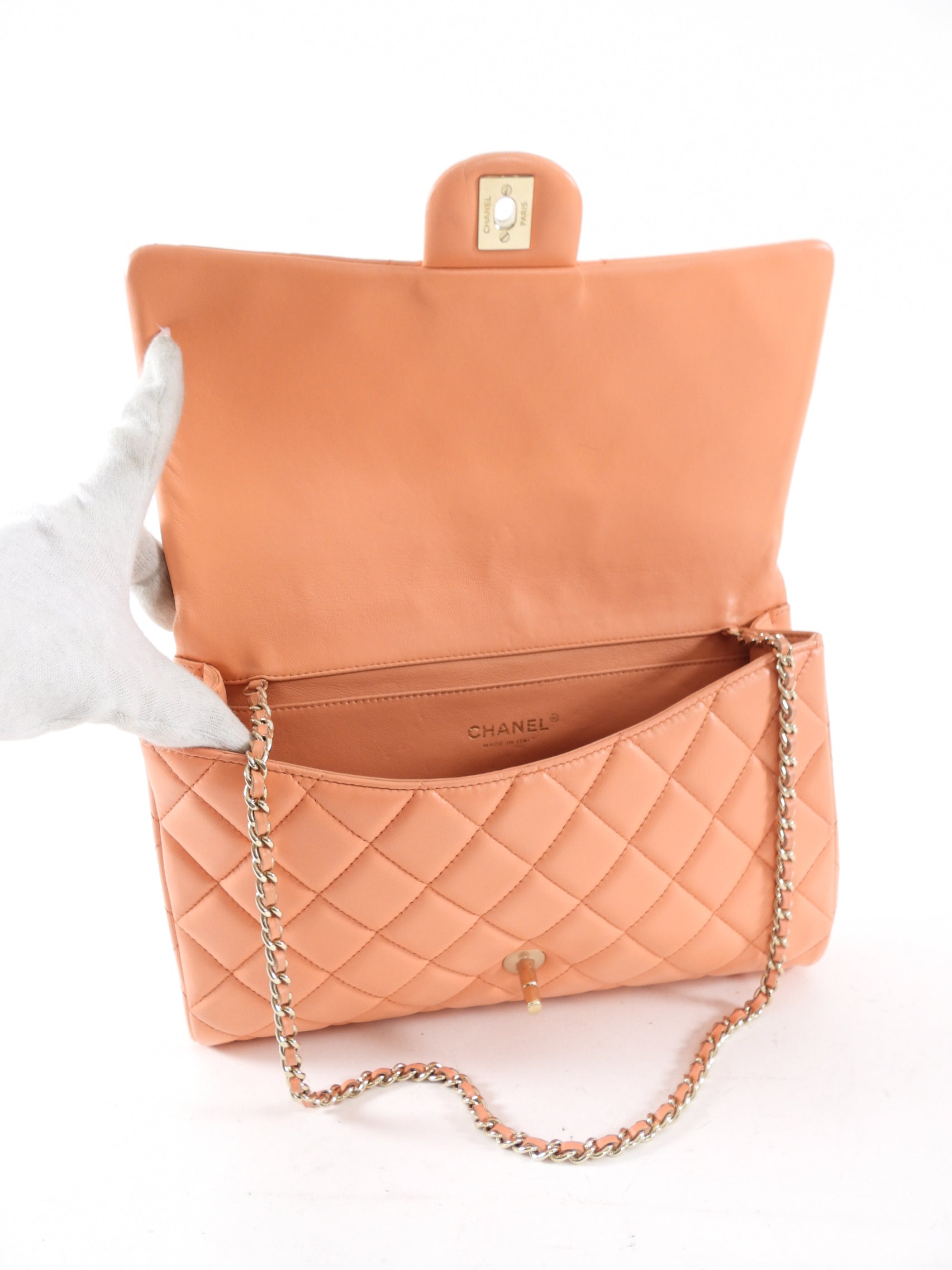 Chanel Peach Quilted Leather Timeless Chain Clutch Flap Bag