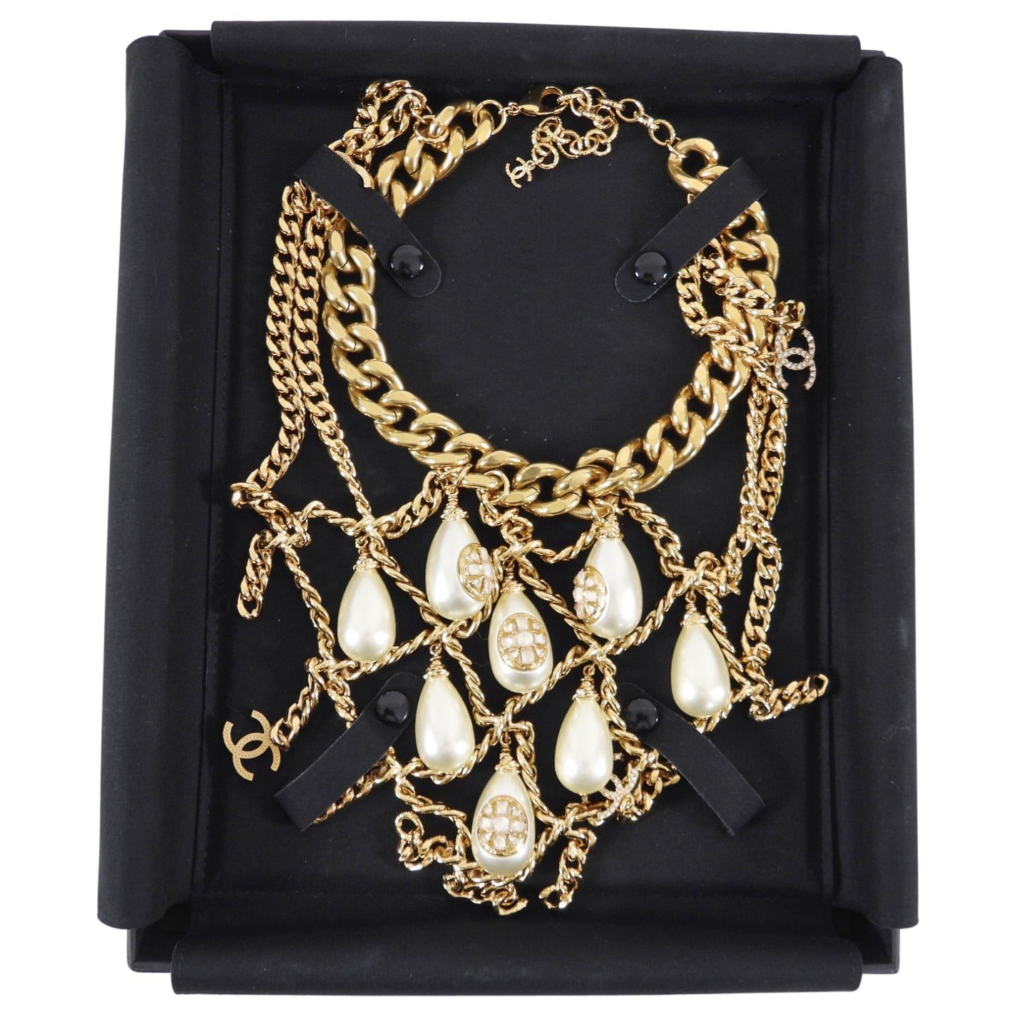 Chanel 20K Gold Chain and Teardrop Pearl Gripoix Bib Necklace