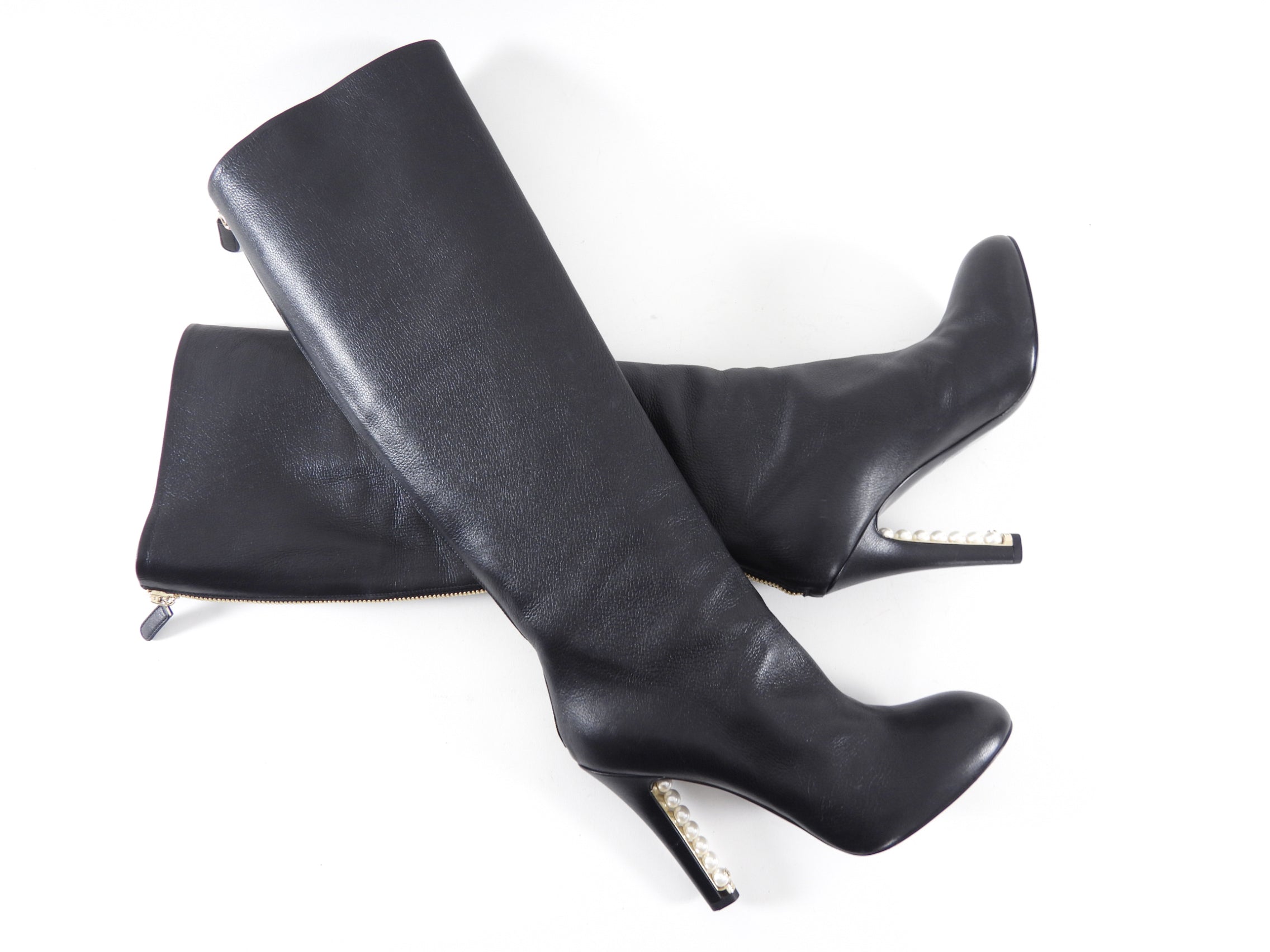 Chanel 2013 Pearl Heel Tall Zip Back Black Leather Boot - 38.5 / 8