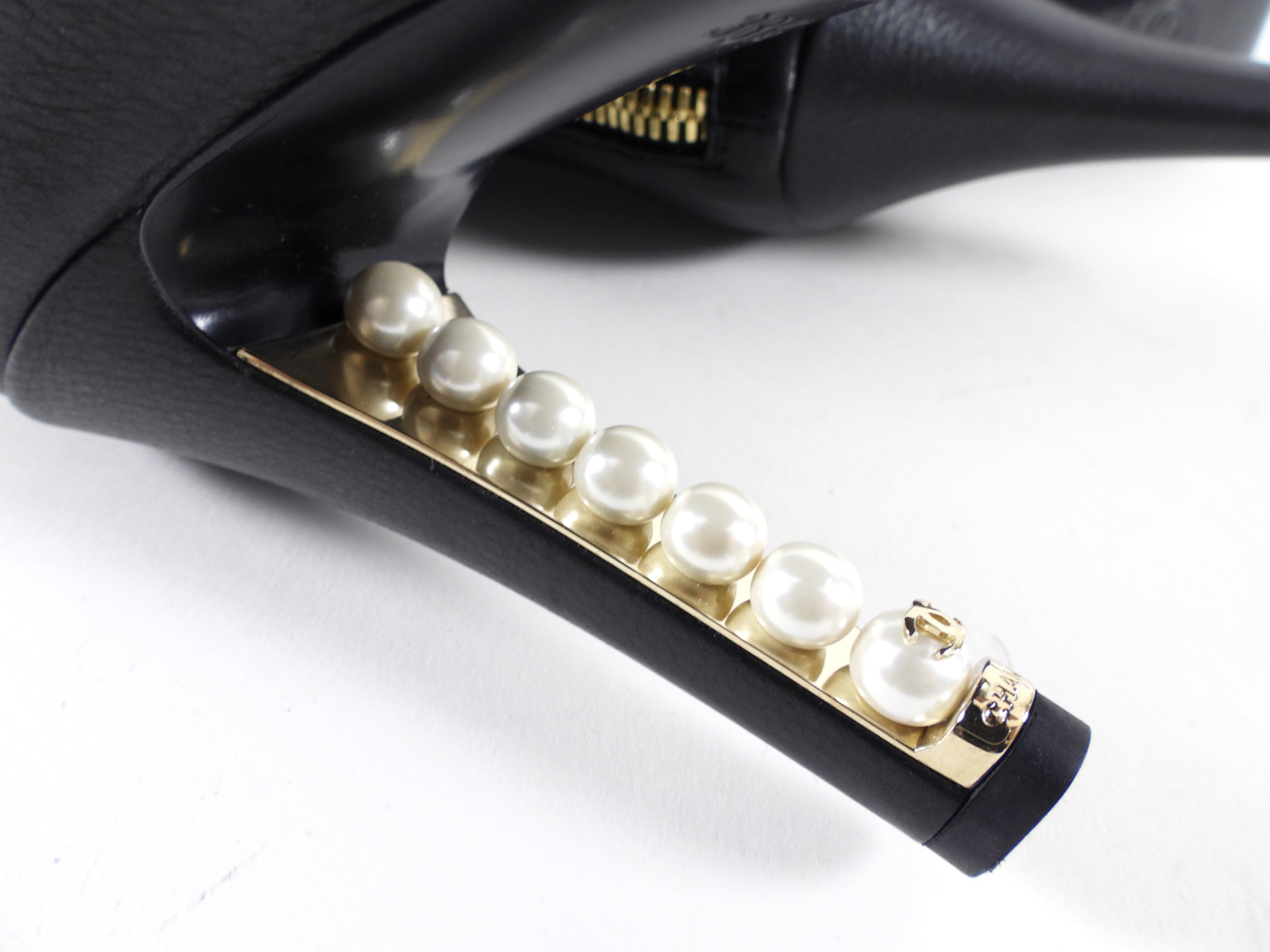Chanel 2013 Pearl Heel Tall Zip Back Black Leather Boot - 38.5 / 8
