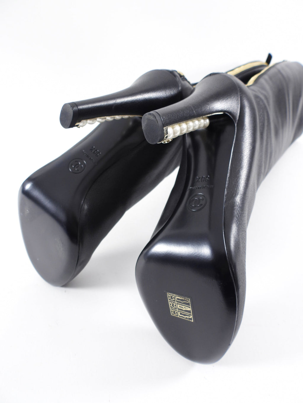 Chanel 2013 Pearl Heel Tall Zip Back Black Leather Boot - 38.5 / 8