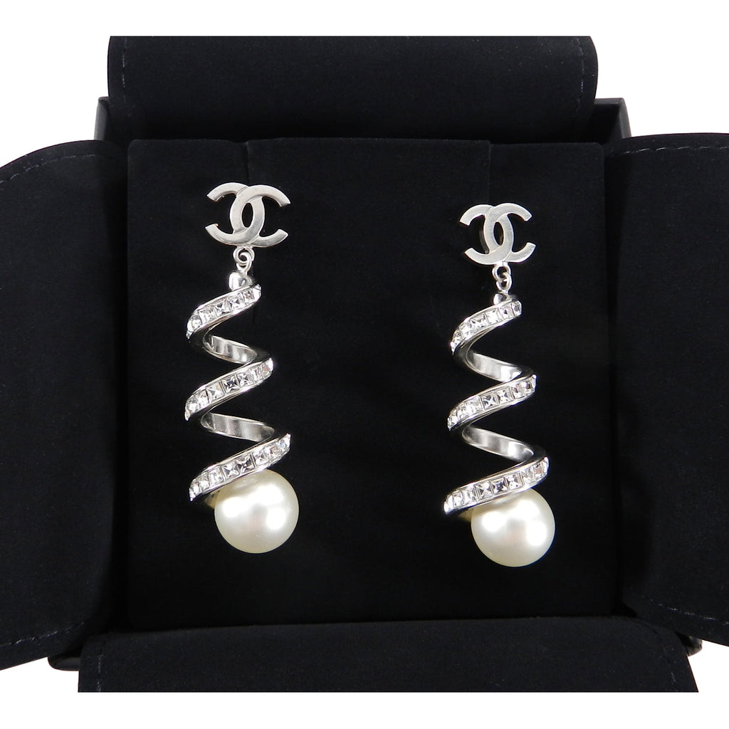 Chanel 15S Silver Rhinestone Spiral Earrings with Pearls