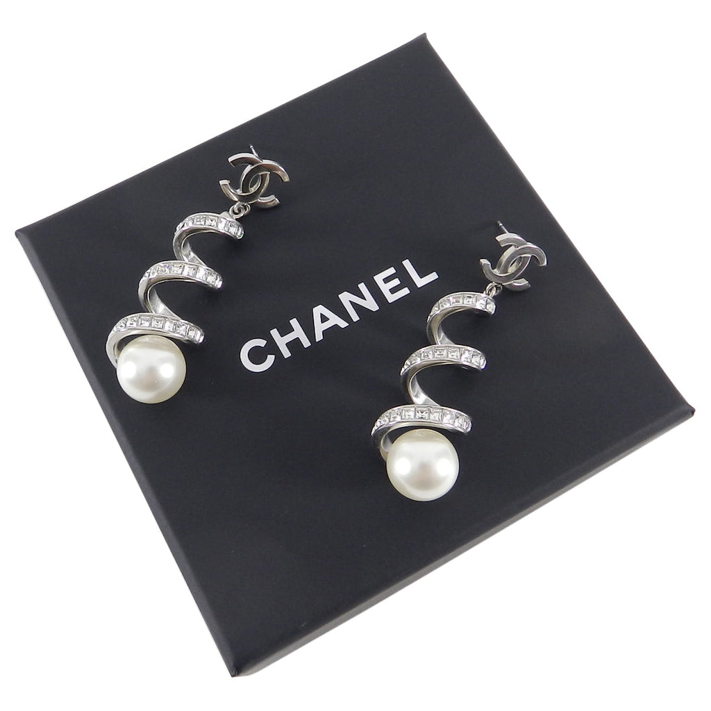Chanel 15S Silver Rhinestone Spiral Earrings with Pearls
