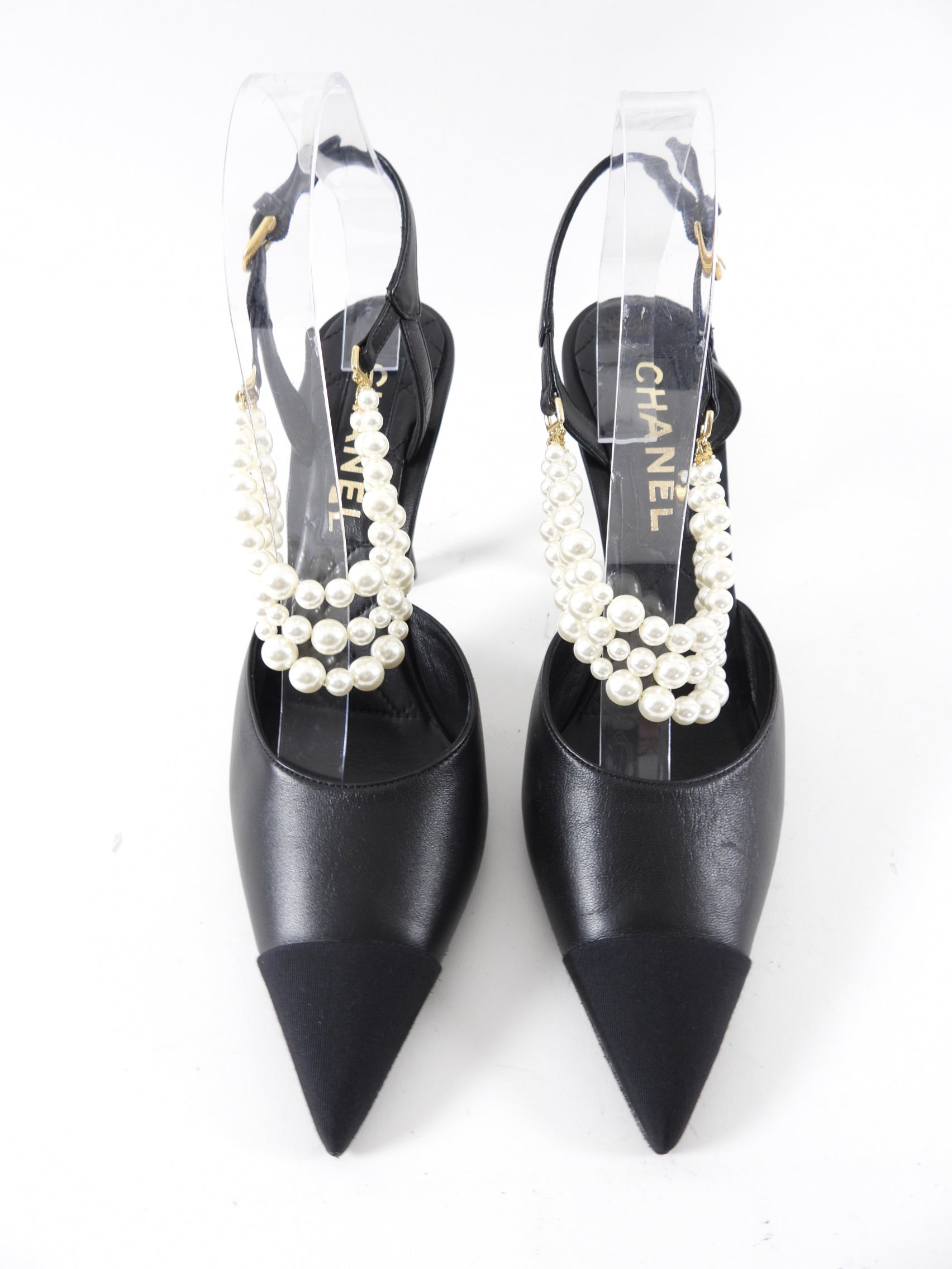 Chanel Black Leather and Fabric Cap Toe Pearl High Heels - 40C