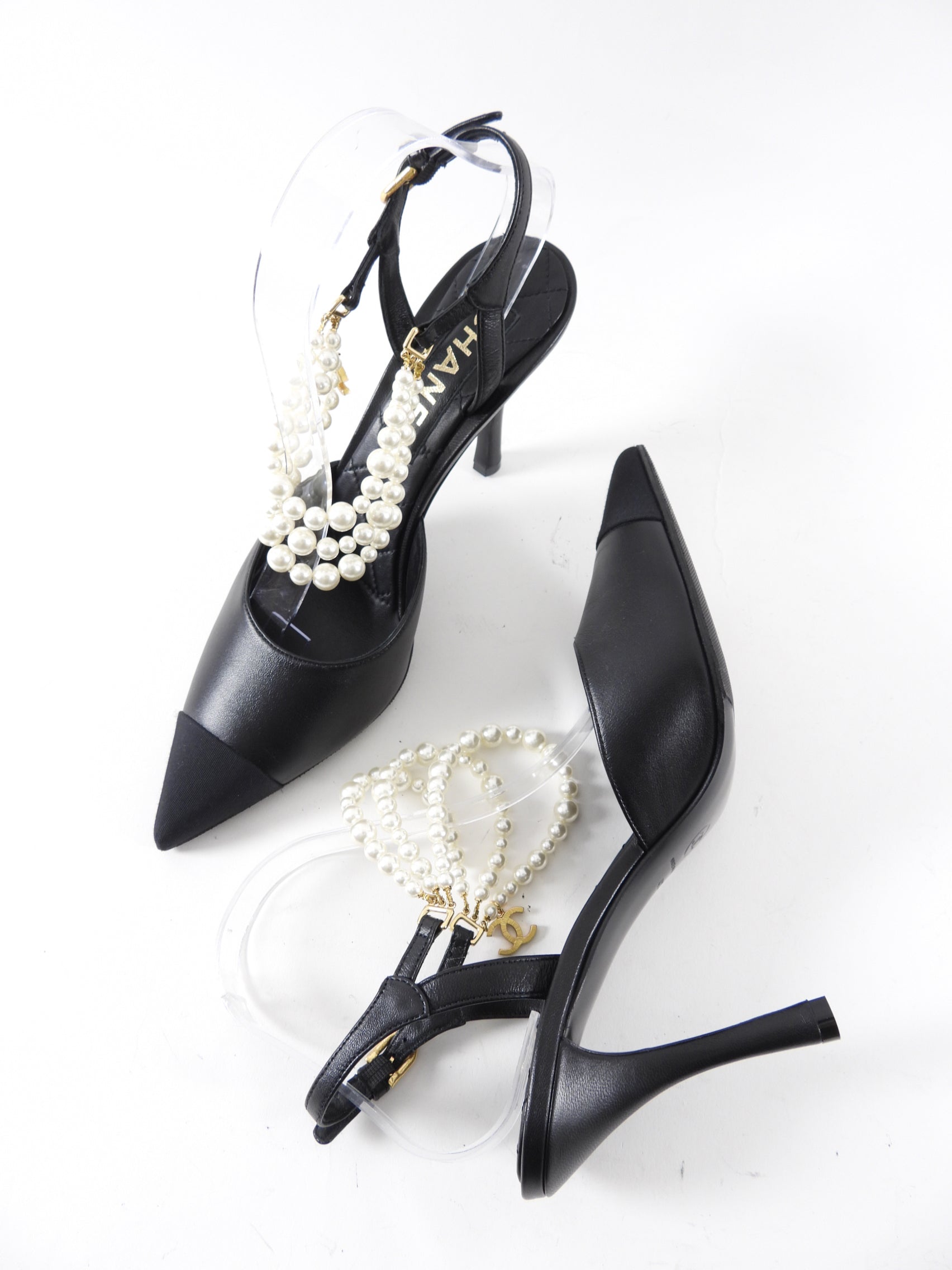 Chanel Black Leather and Fabric Cap Toe Pearl High Heels - 40C