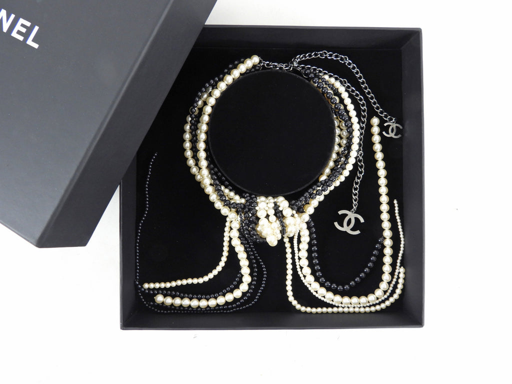 Chanel 14K Black and Pearl Bead Knot Runway Statement Necklace