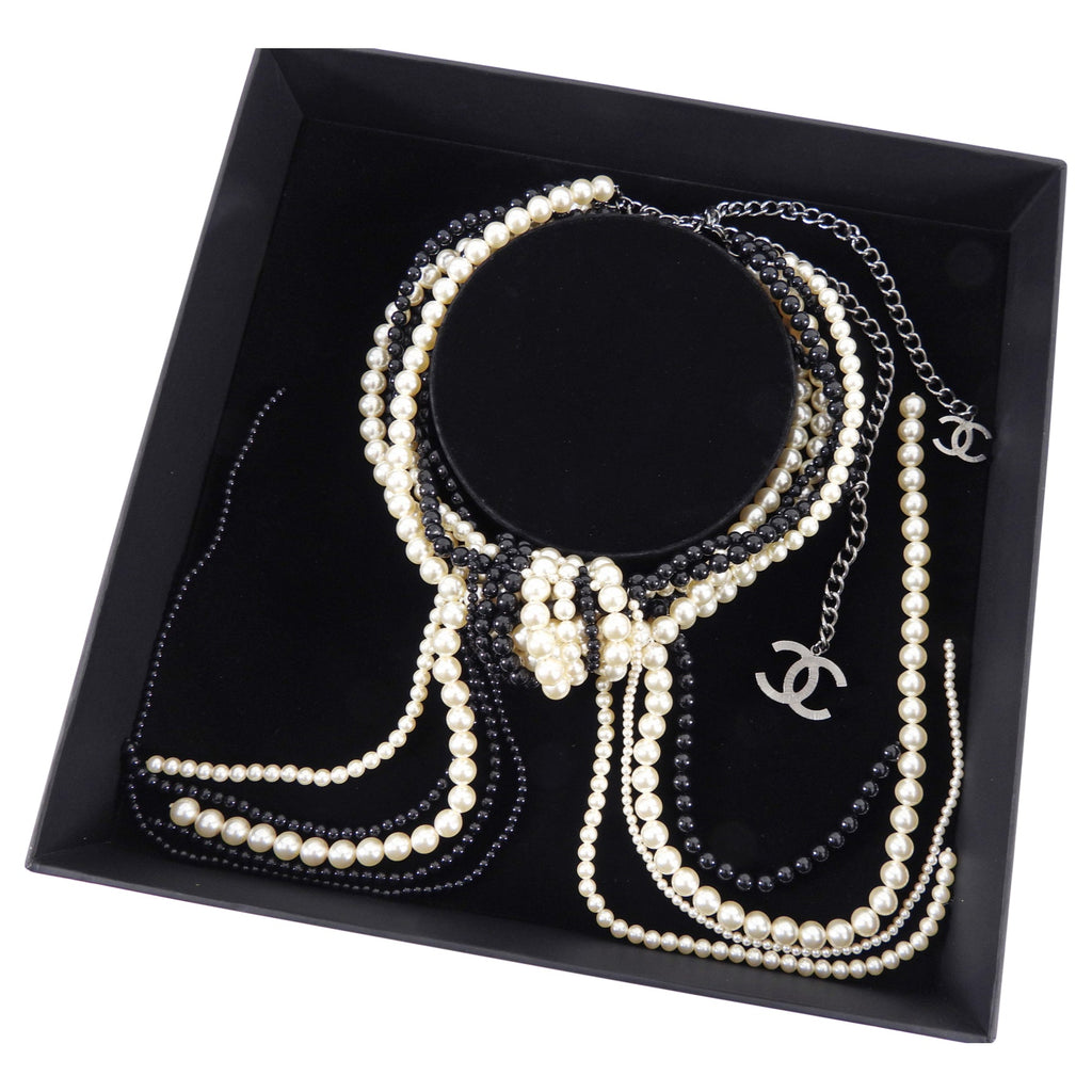 Chanel 14K Black and Pearl Bead Knot Runway Statement Necklace