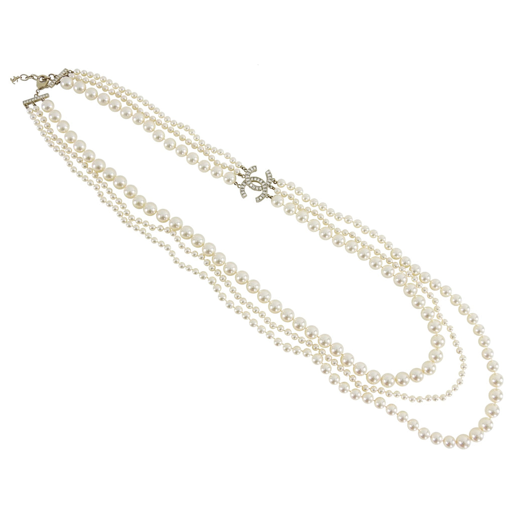 Chanel 14B Triple Pearl Multi Strand Jewelled CC Necklace