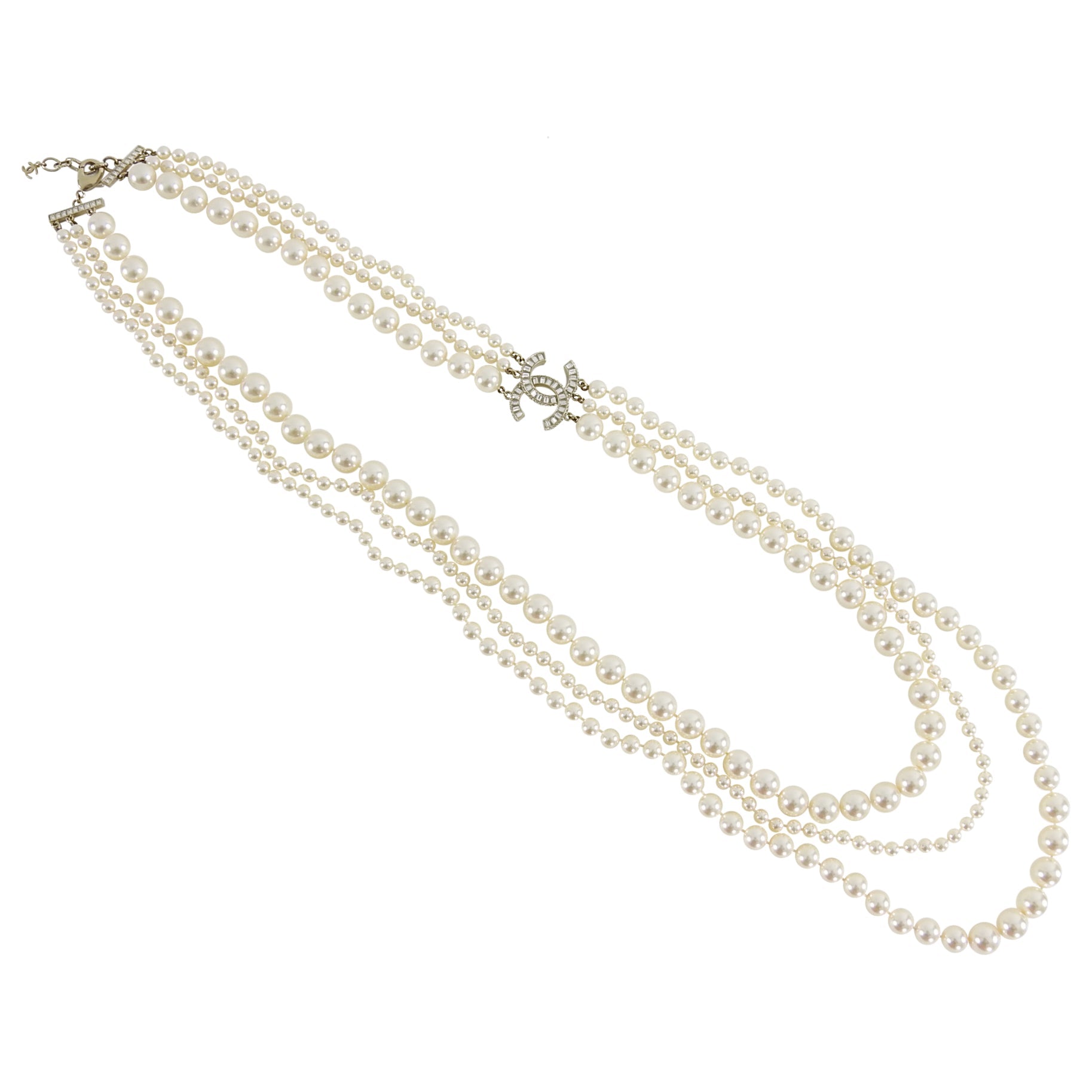 Chanel 14B Triple Pearl Multi Strand Jewelled CC Necklace