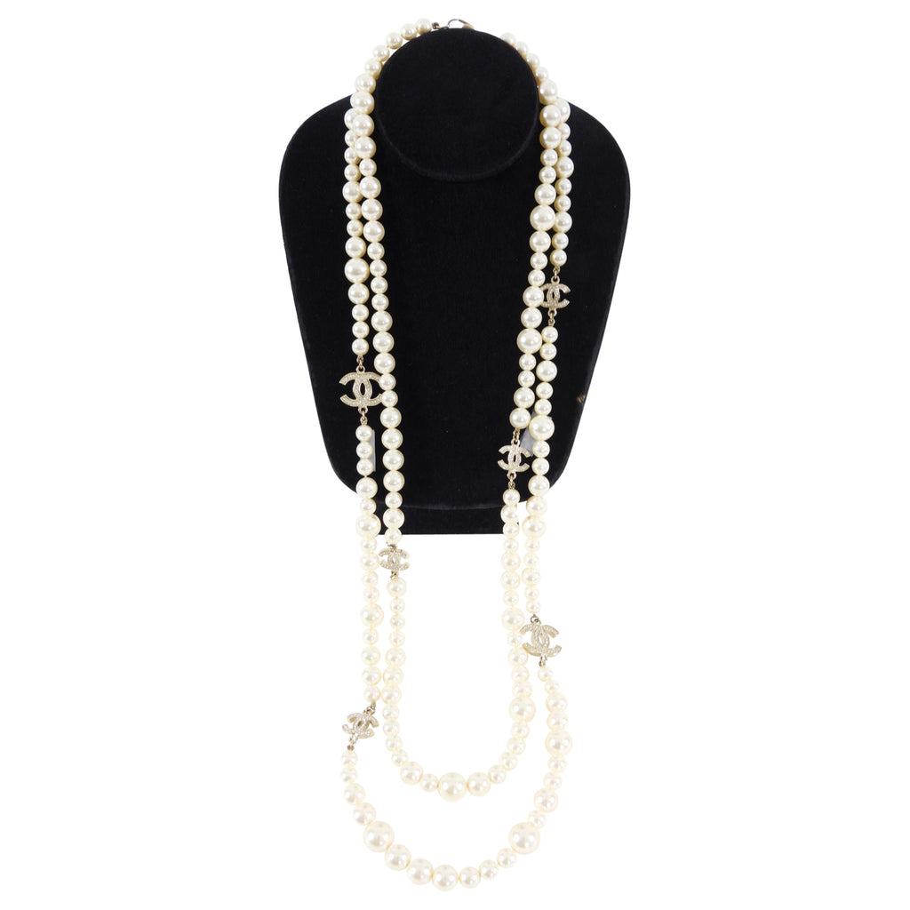 Chanel 12P Pearl Double Strand Necklace with Crystal CC Stations