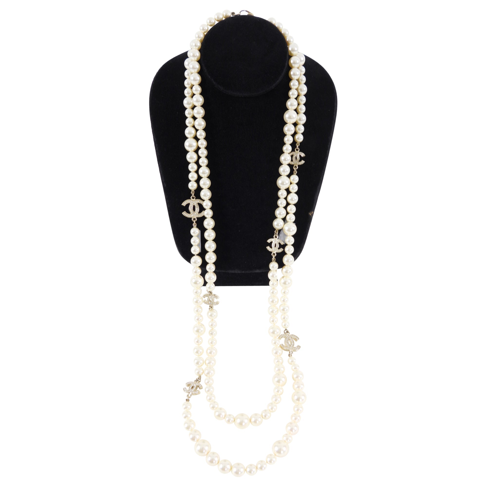 Chanel 12P Pearl Double Strand Necklace with Crystal CC Stations