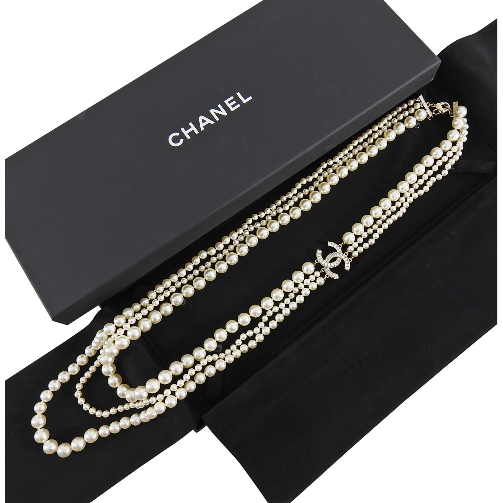 Chanel 14B Triple Pearl Multi Strand Jewelled CC Necklace